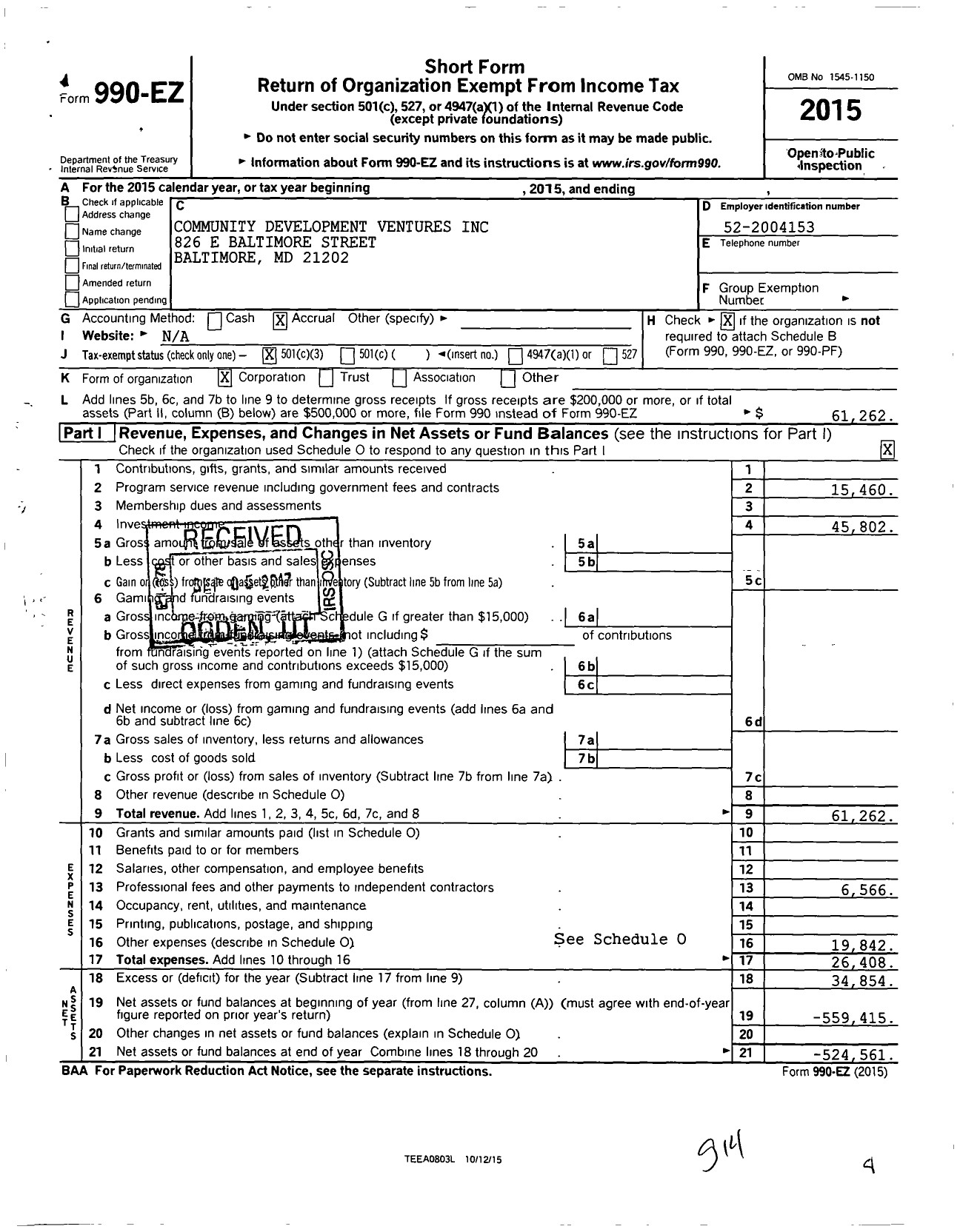 Image of first page of 2015 Form 990EZ for Community Development Ventures