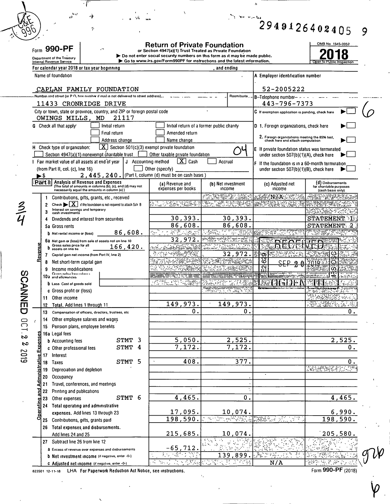 Image of first page of 2018 Form 990PF for Caplan Family Foundation