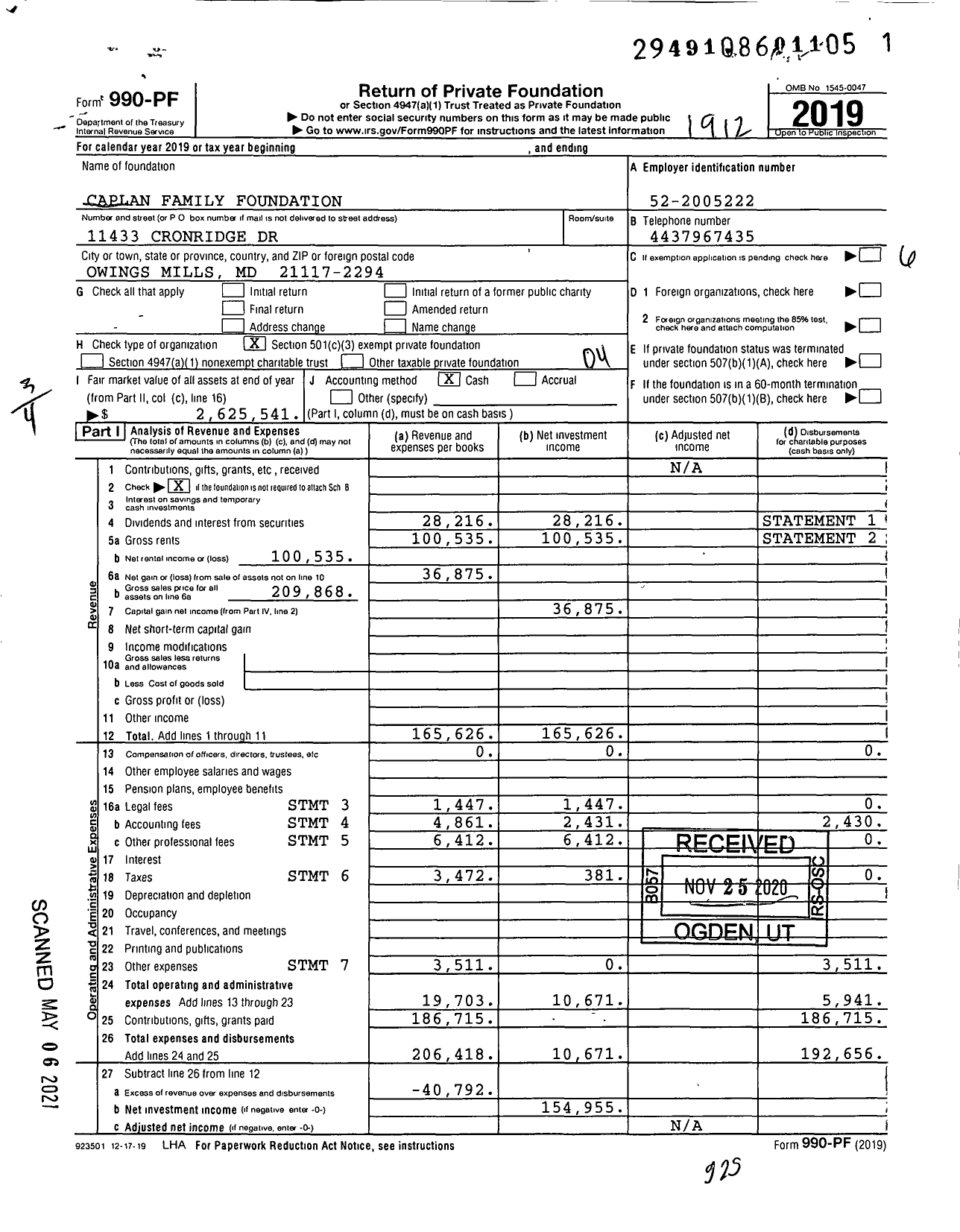 Image of first page of 2019 Form 990PF for Caplan Family Foundation