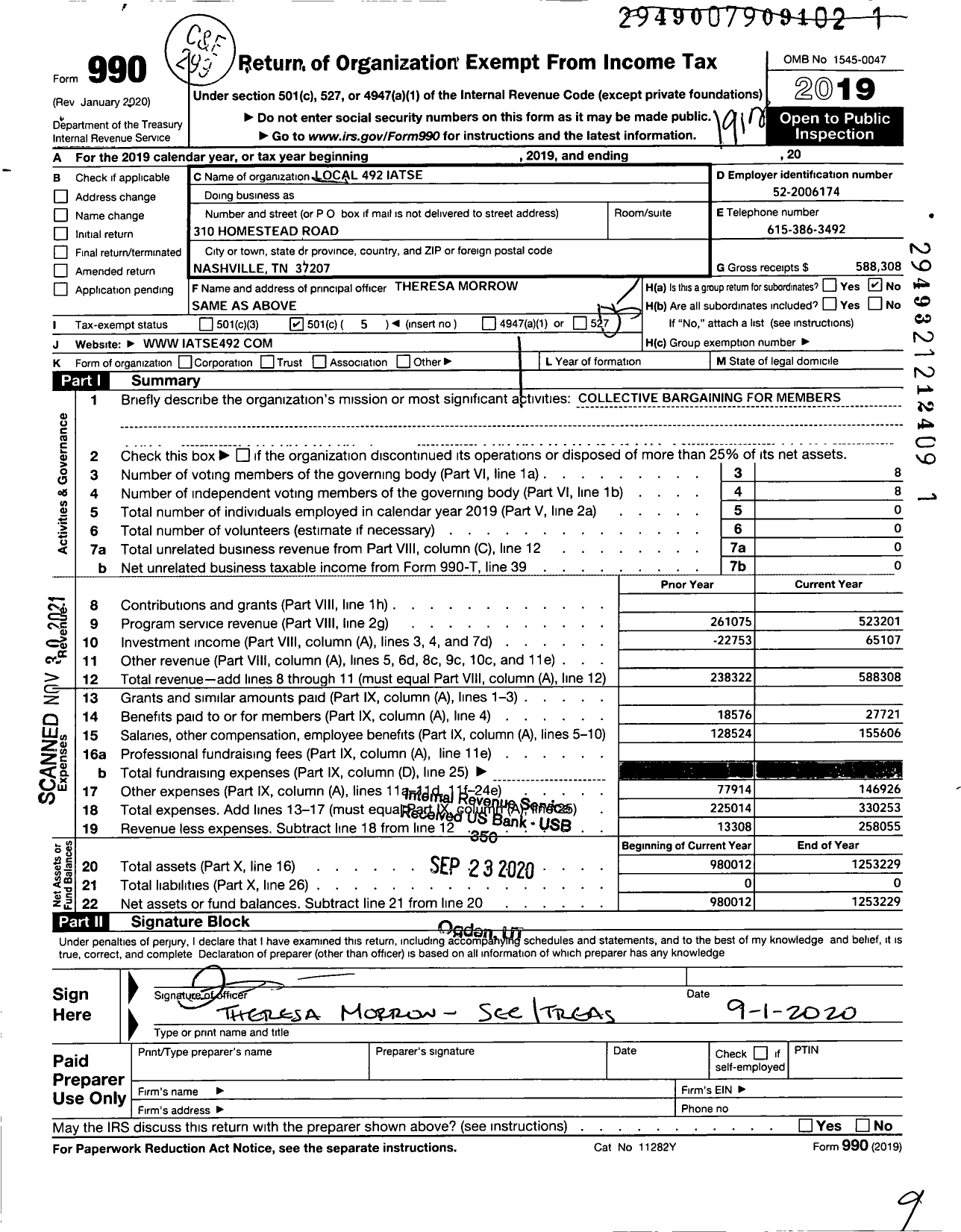 Image of first page of 2019 Form 990O for International Alliance of Theatrical Stage Employees - IATSE Local 492