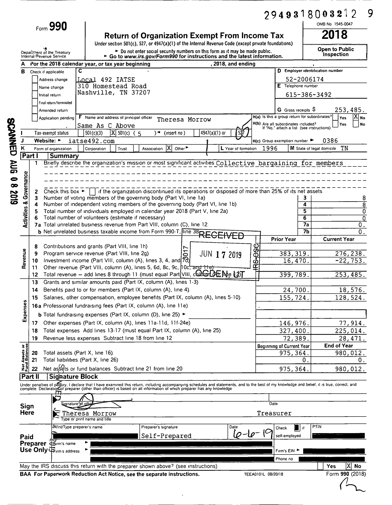 Image of first page of 2018 Form 990O for International Alliance of Theatrical Stage Employees - IATSE Local 492