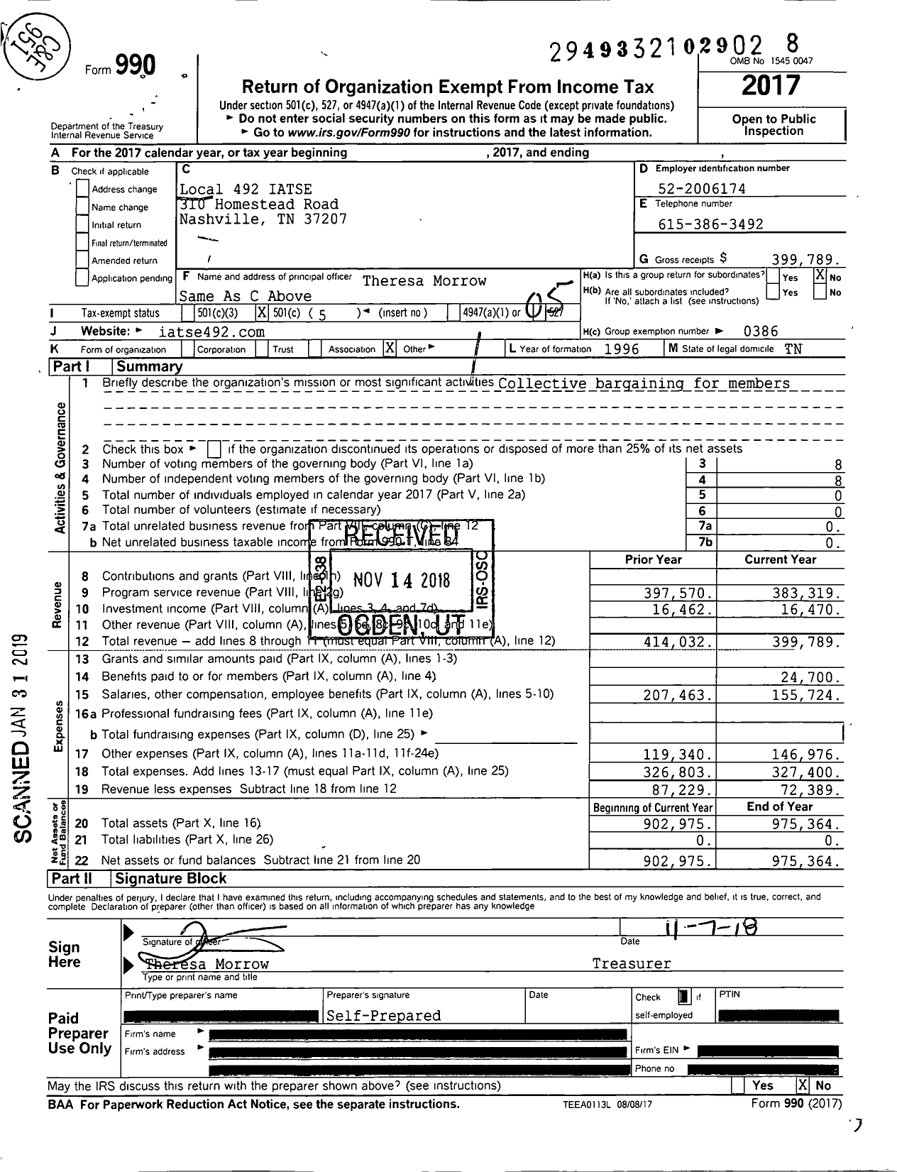 Image of first page of 2017 Form 990O for International Alliance of Theatrical Stage Employees - IATSE Local 492