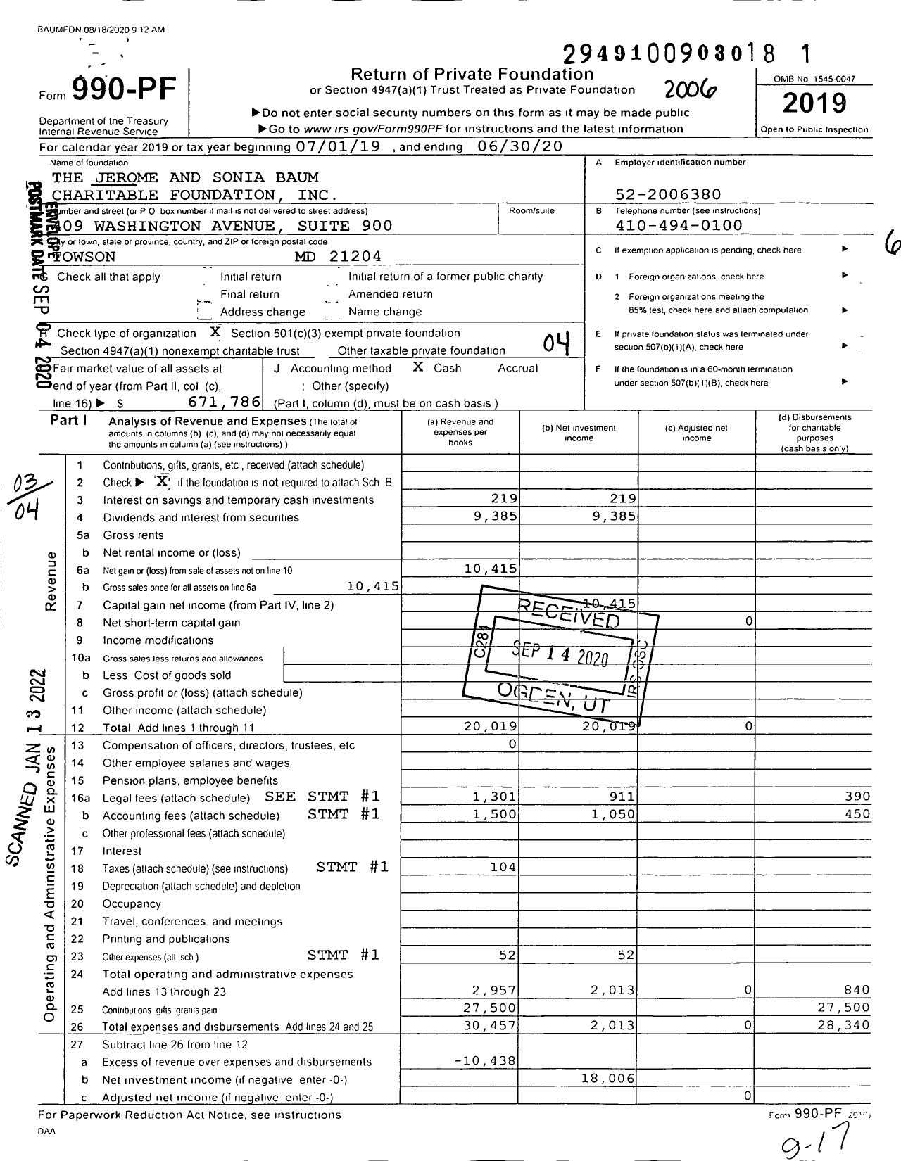 Image of first page of 2019 Form 990PF for The Jerome and Sonia Baum Charitable Foundation