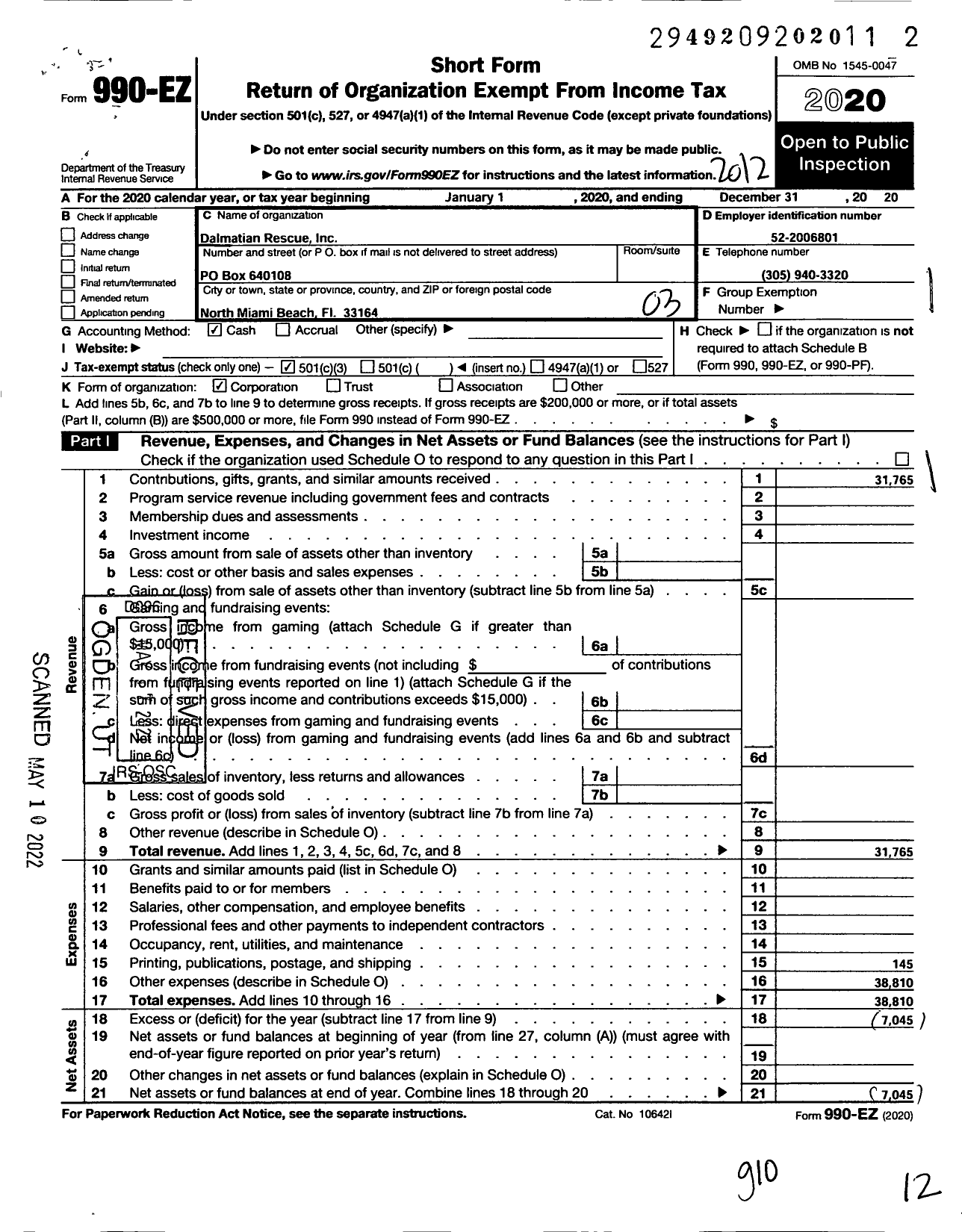 Image of first page of 2020 Form 990EZ for Dalmatian Rescue