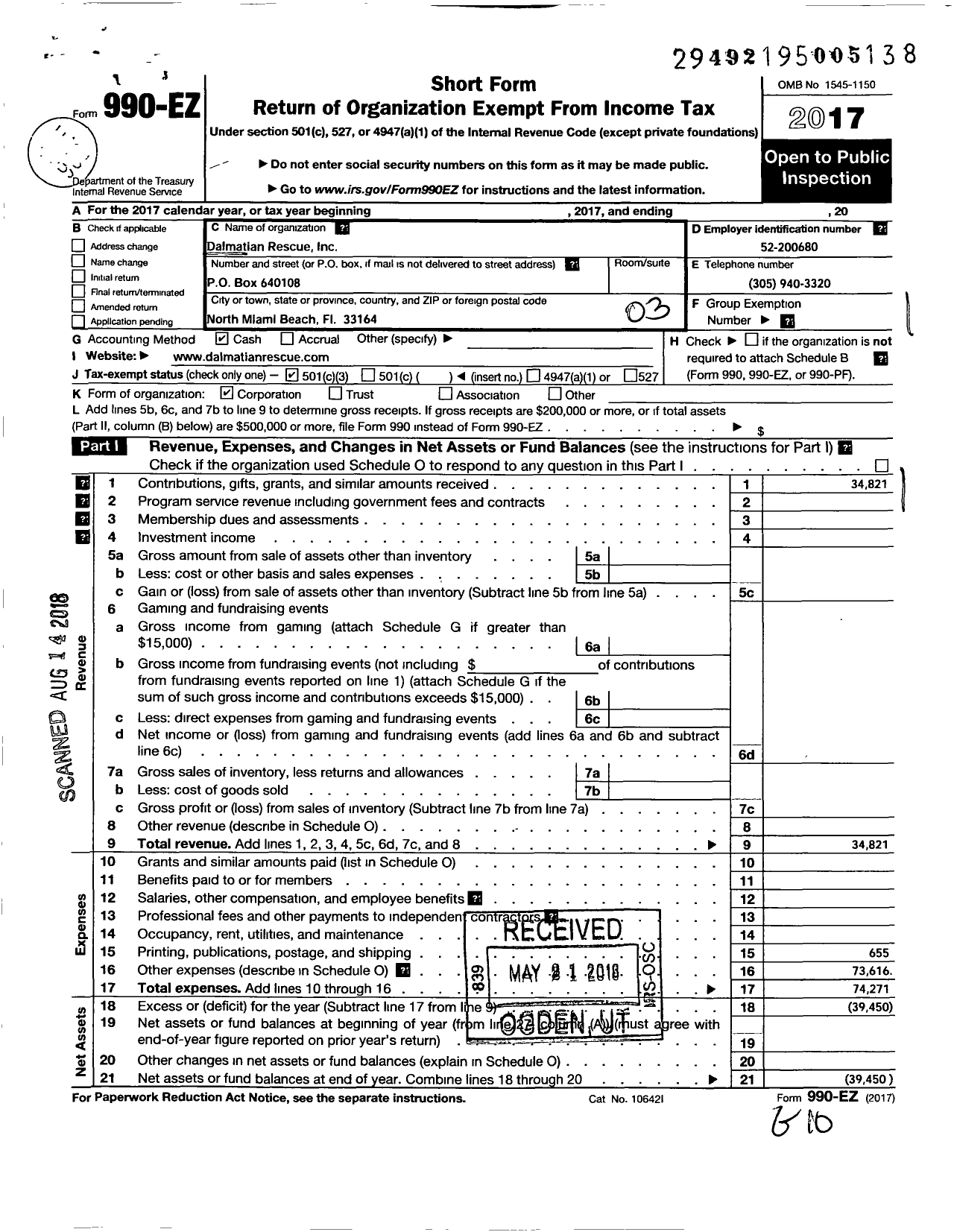 Image of first page of 2017 Form 990EZ for Dalmatian Rescue