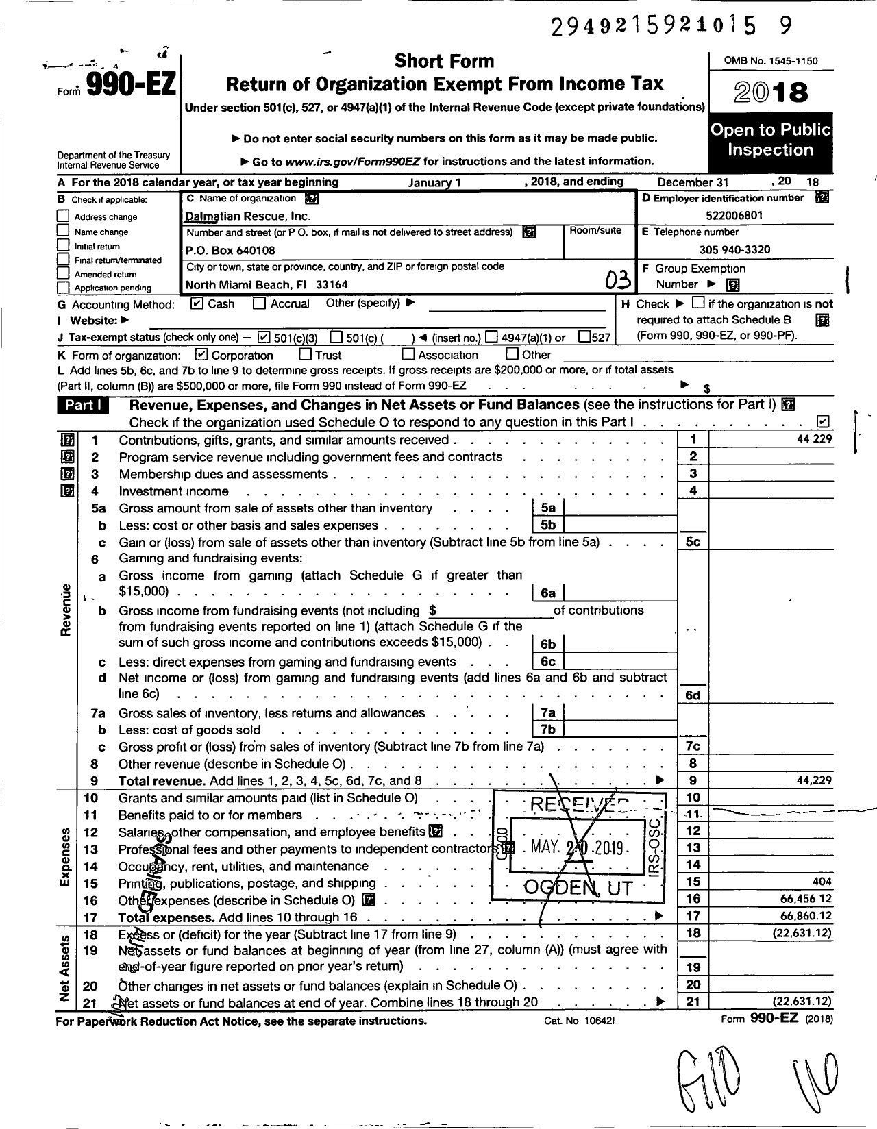 Image of first page of 2018 Form 990EZ for Dalmatian Rescue