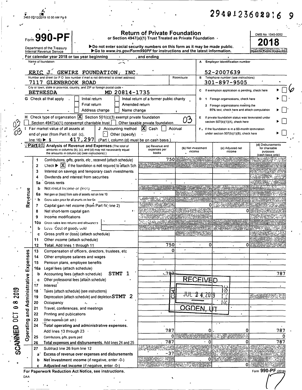 Image of first page of 2018 Form 990PF for Eric J Gewirz Foundation