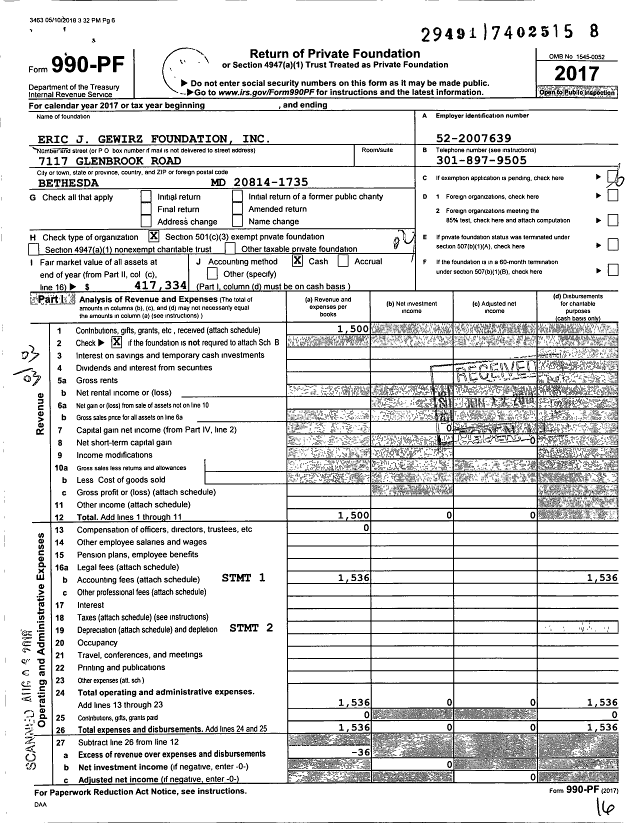 Image of first page of 2017 Form 990PF for Eric J Gewirz Foundation