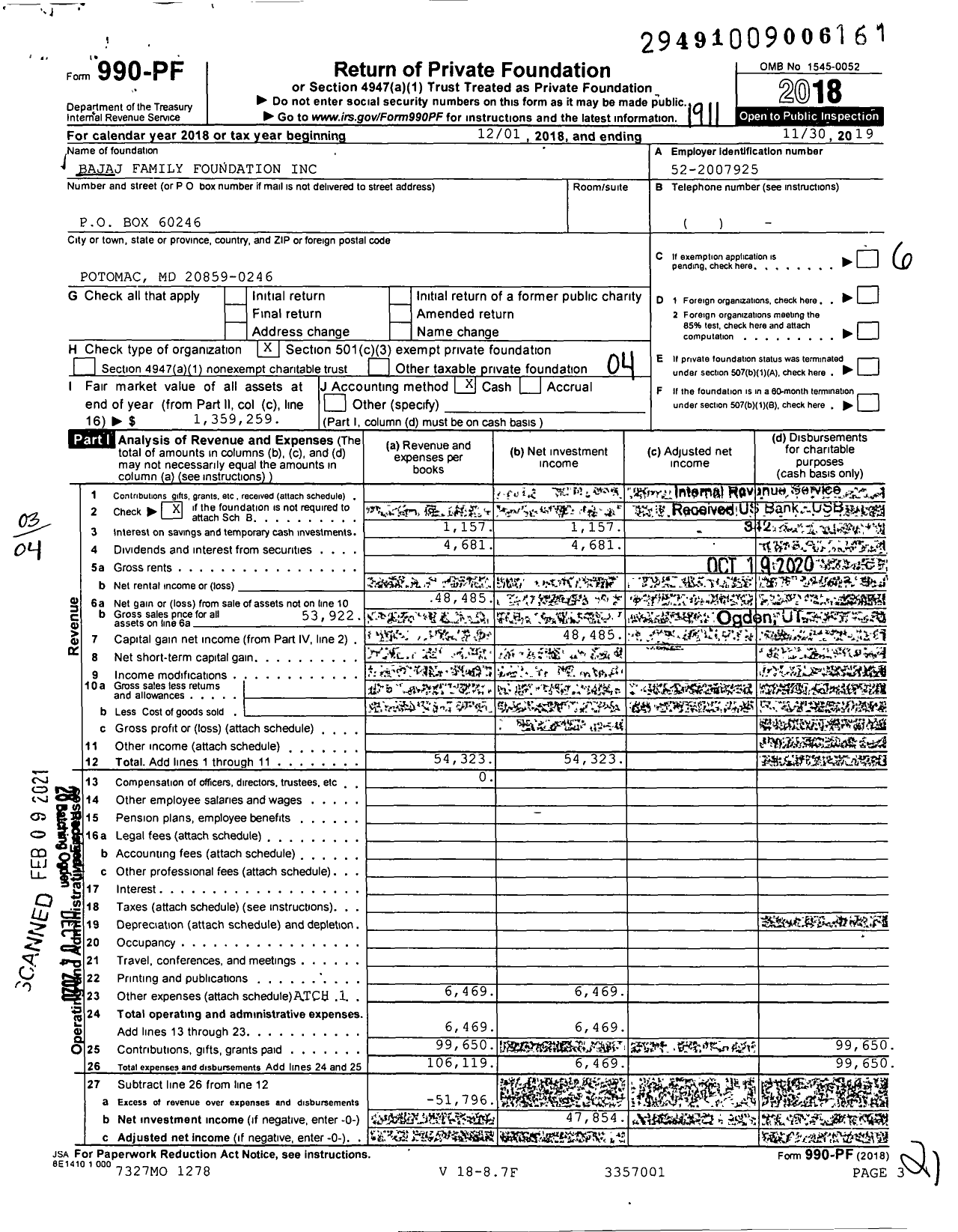 Image of first page of 2018 Form 990PF for Bajaj Family Foundation