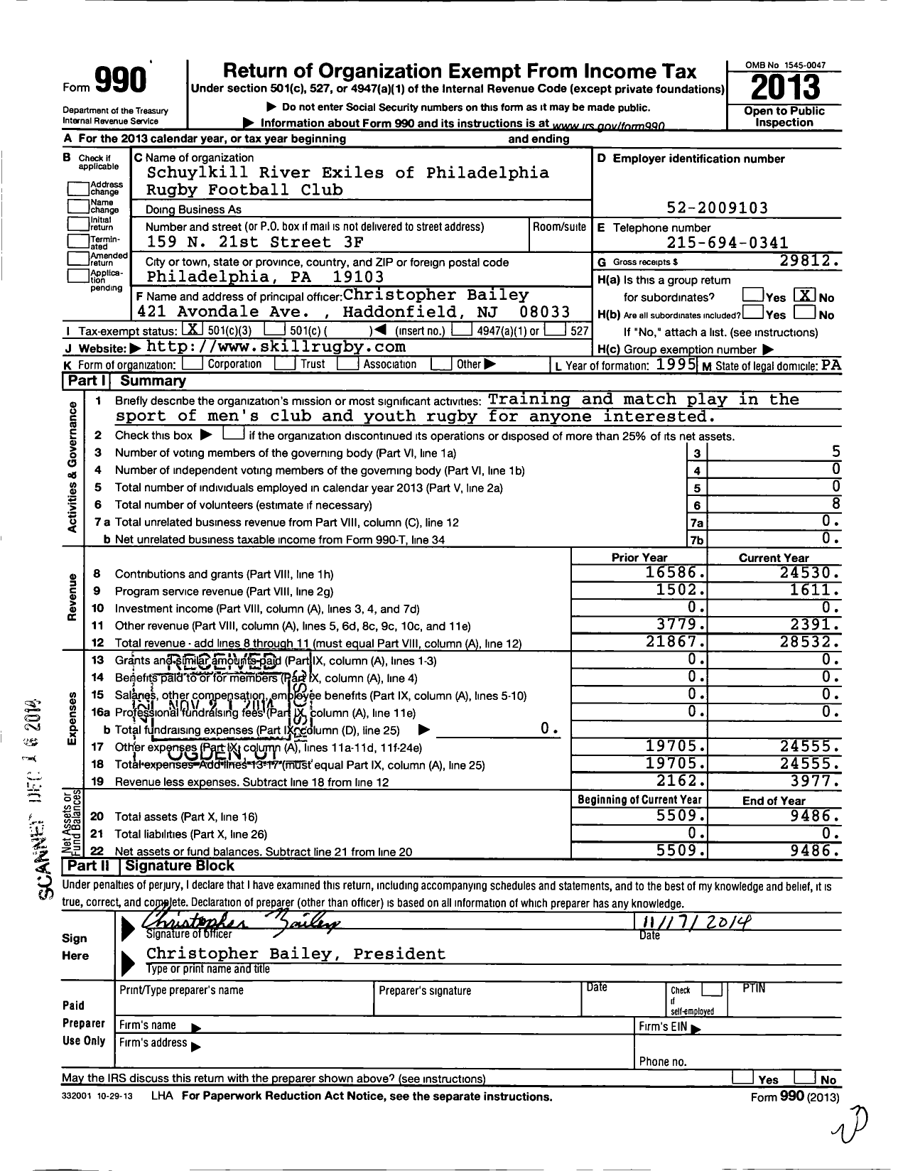 Image of first page of 2013 Form 990 for Schuylkill River Exiles of Philadelphia Rugby Football Club