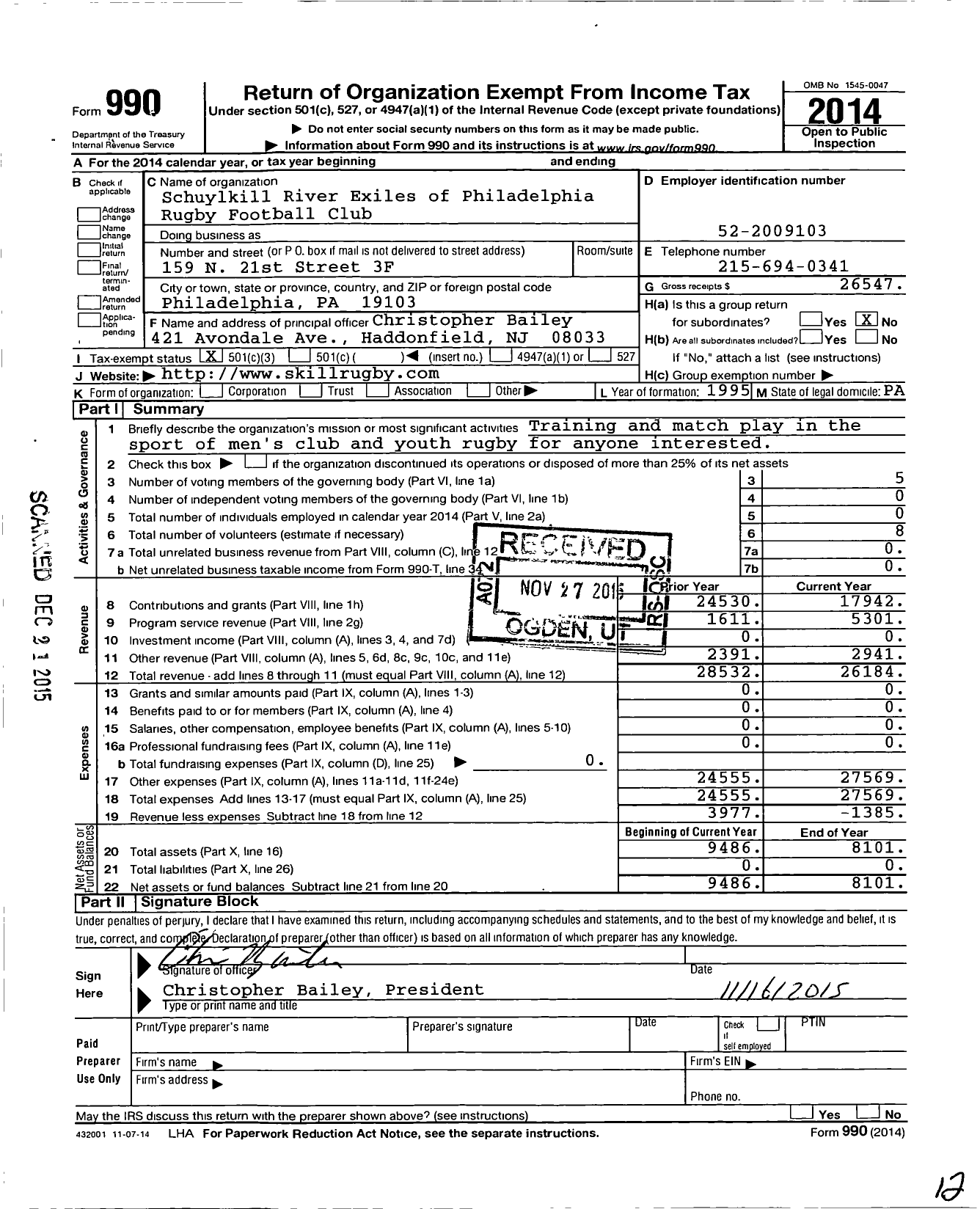 Image of first page of 2014 Form 990 for Schuylkill River Exiles of Philadelphia Rugby Football Club