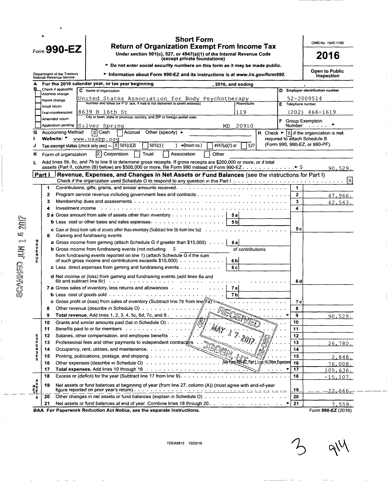Image of first page of 2016 Form 990EZ for United States Association for Body Psychotherapy
