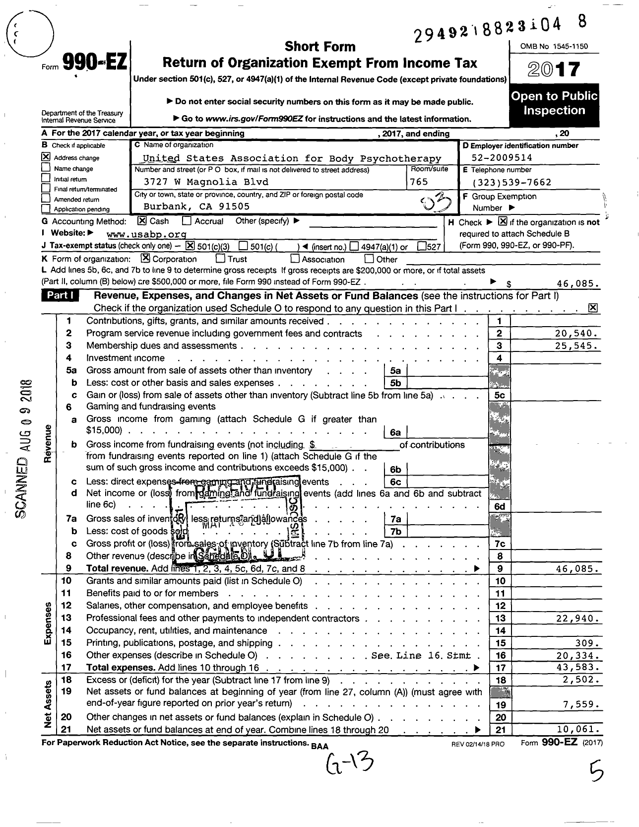 Image of first page of 2017 Form 990EZ for United States Association for Body Psychotherapy