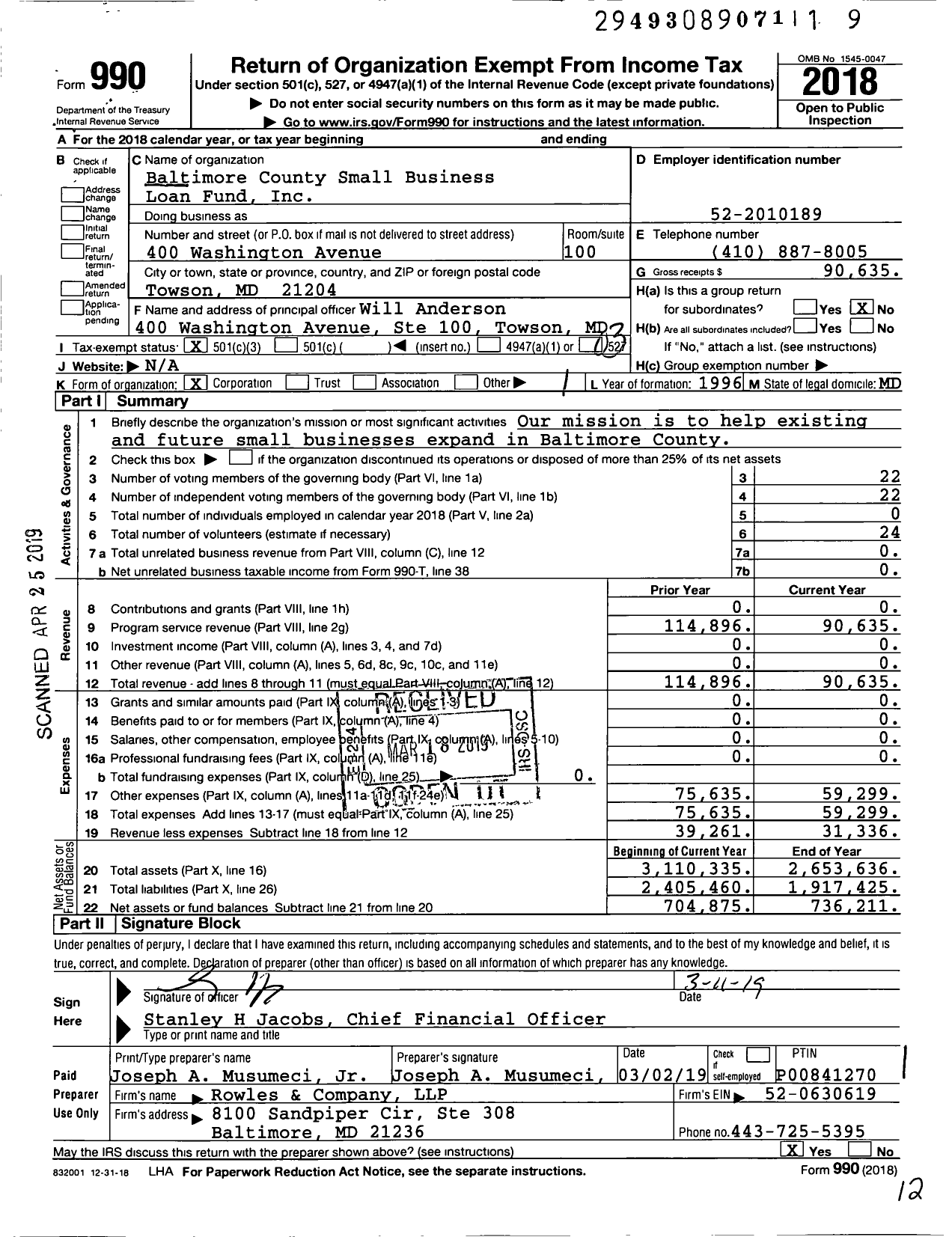Image of first page of 2018 Form 990 for Baltimore County Small Business Loan Fund
