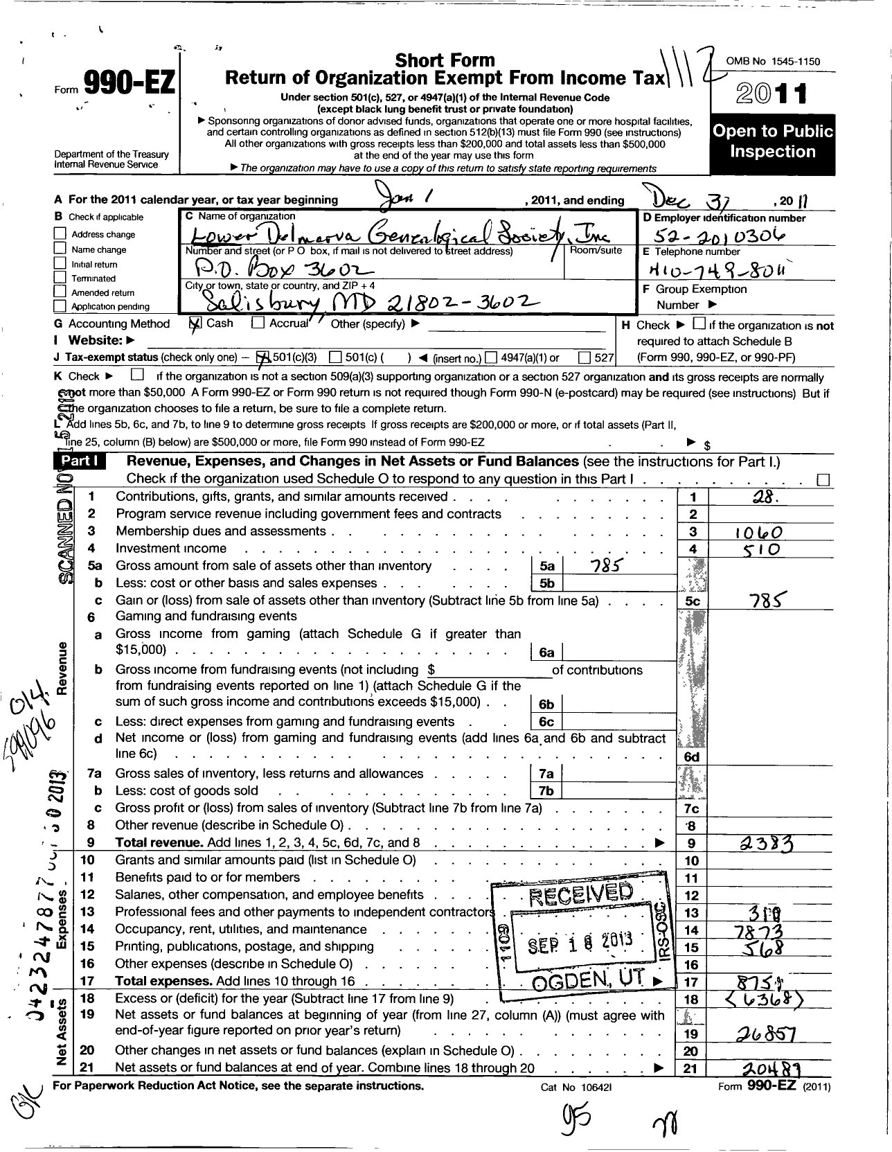 Image of first page of 2011 Form 990EZ for Lower Delmarva Genealogical Society