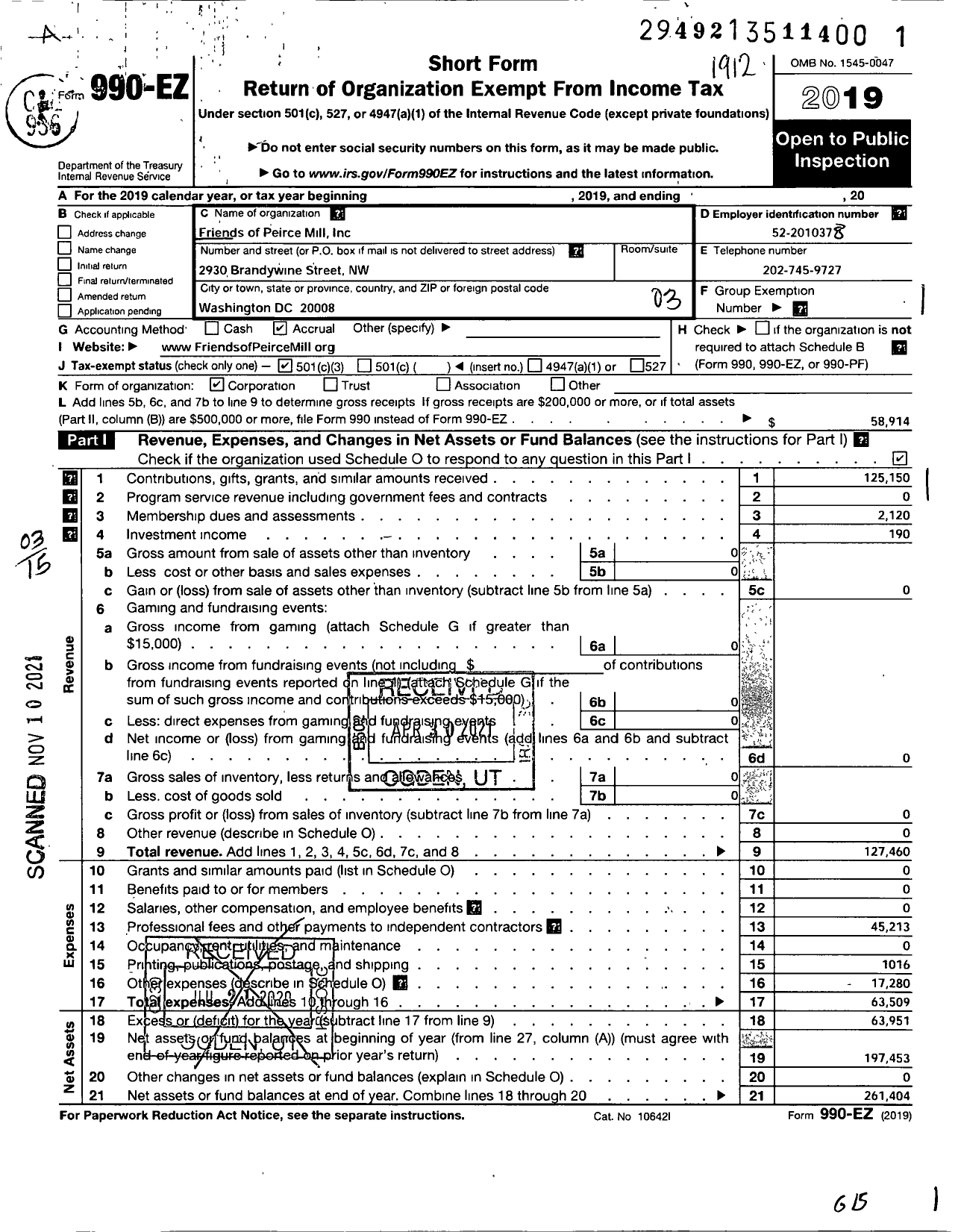 Image of first page of 2019 Form 990EZ for Friends of Peirce Mill