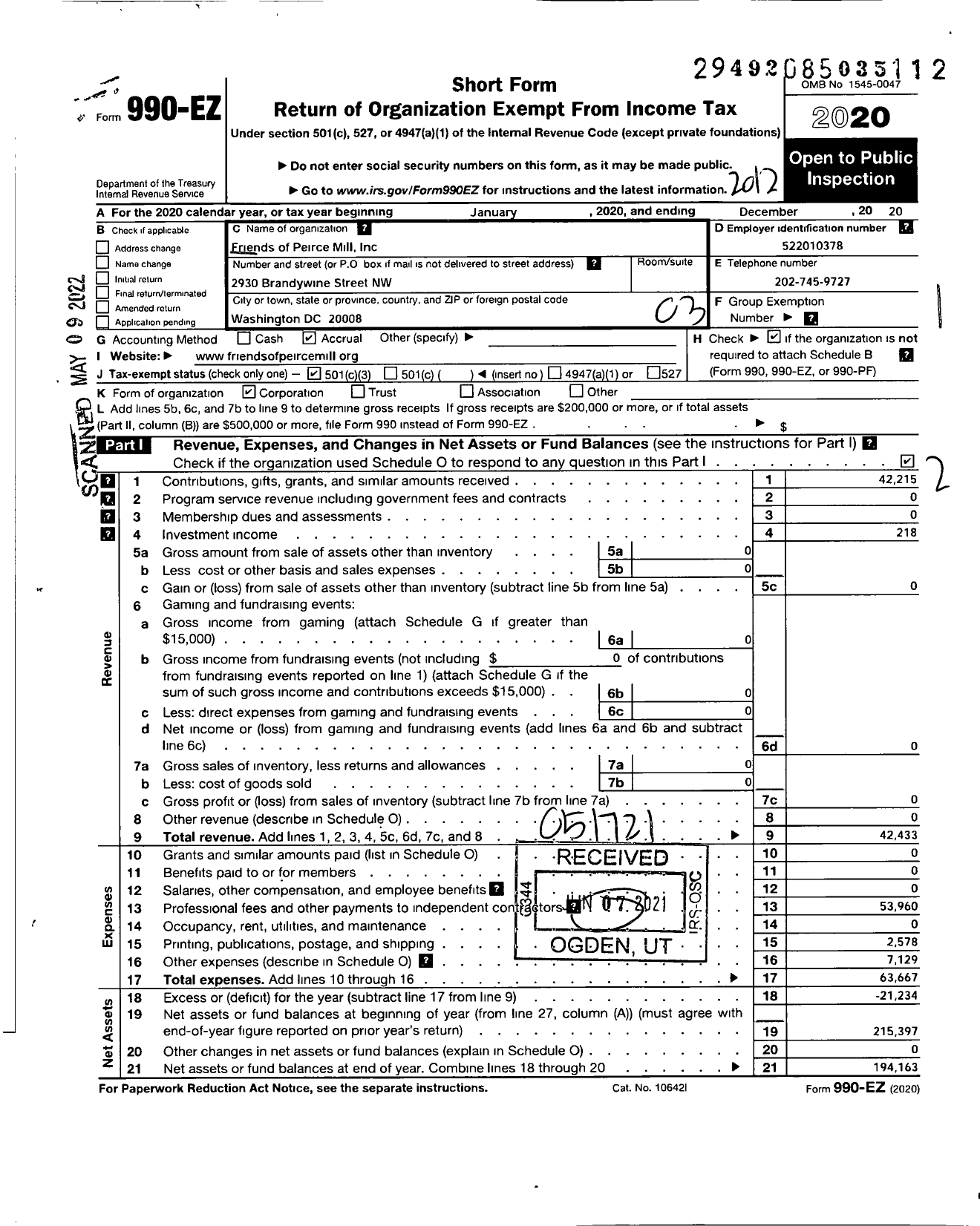 Image of first page of 2020 Form 990EZ for Friends of Peirce Mill