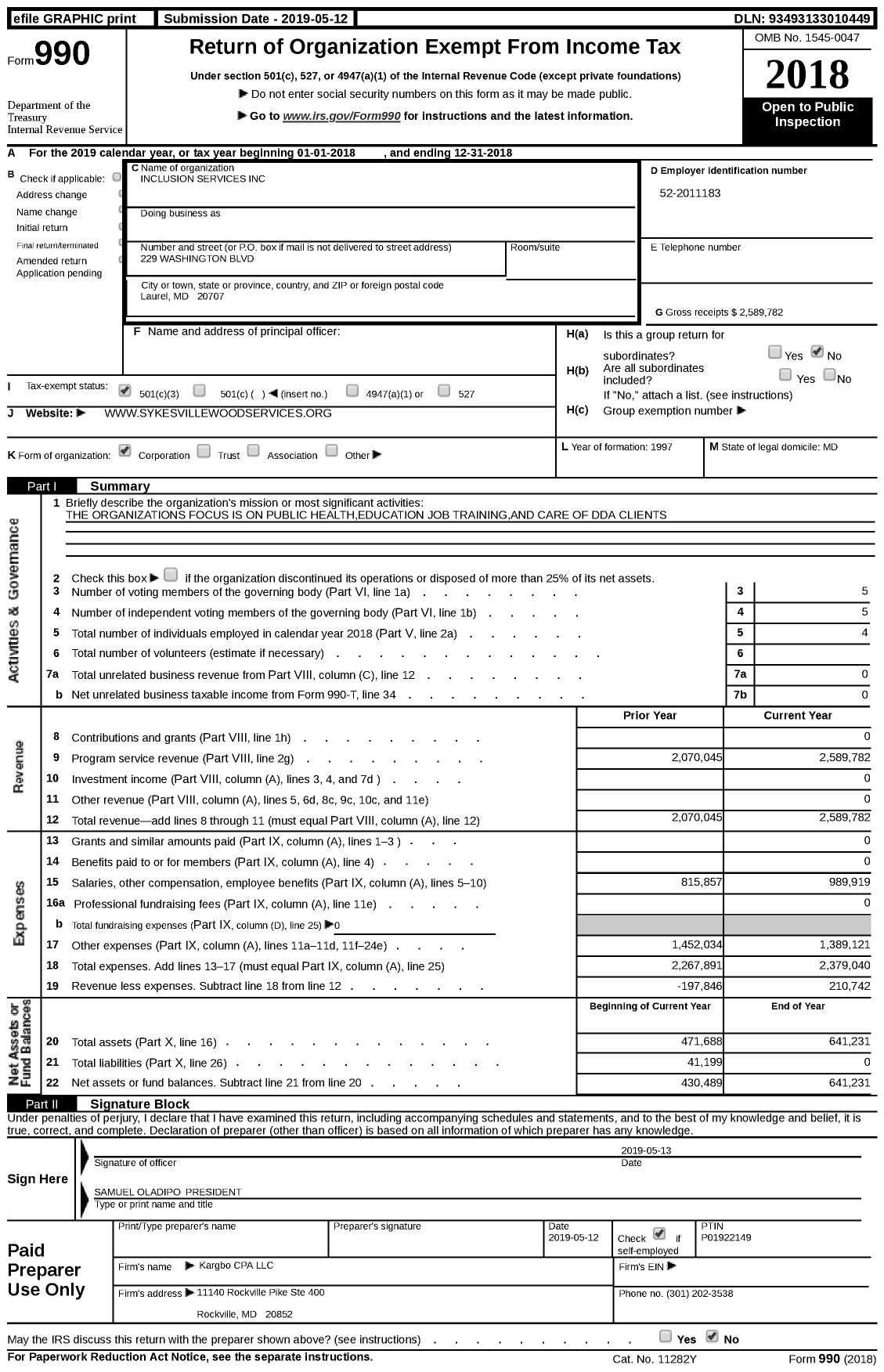 Image of first page of 2018 Form 990 for Inclusion Services