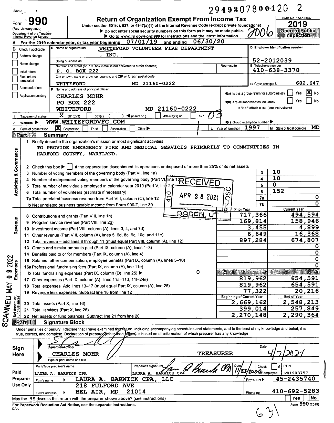 Image of first page of 2019 Form 990 for Whiteford Volunteer Fire Department