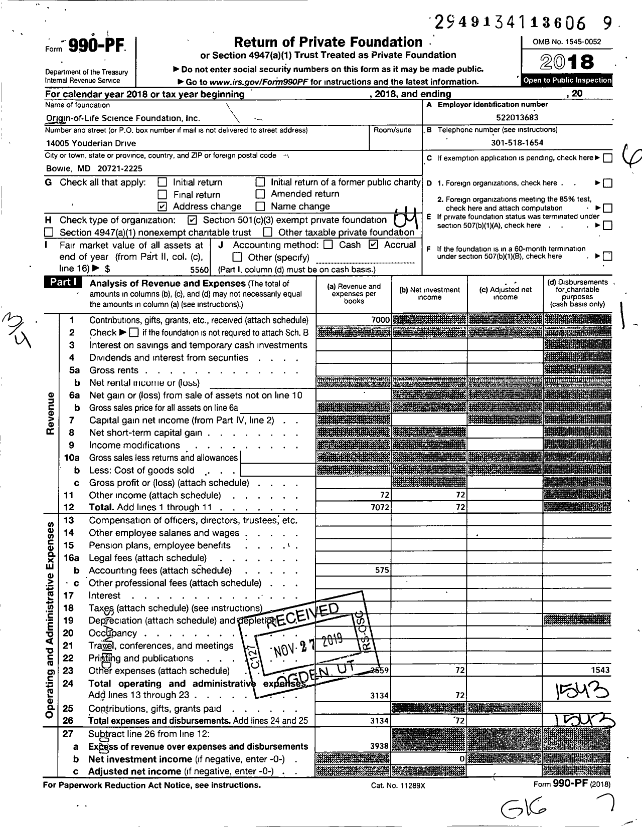 Image of first page of 2018 Form 990PF for Origin-Of-Life Foundation