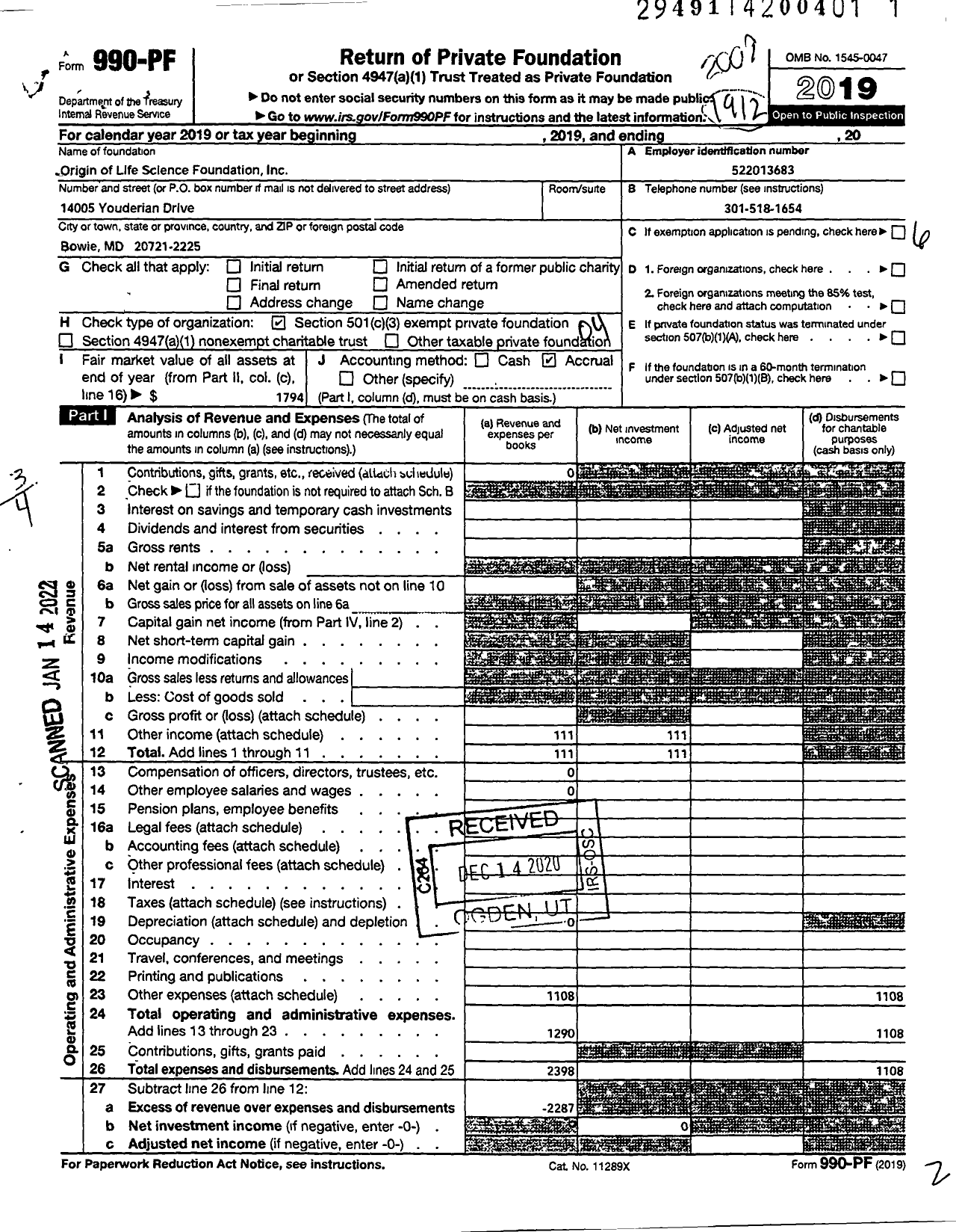 Image of first page of 2019 Form 990PF for Origin-Of-Life Foundation