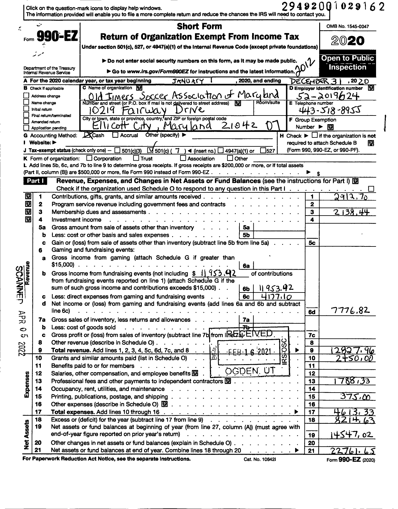 Image of first page of 2020 Form 990EO for Old Timers Soccer Association of Maryland