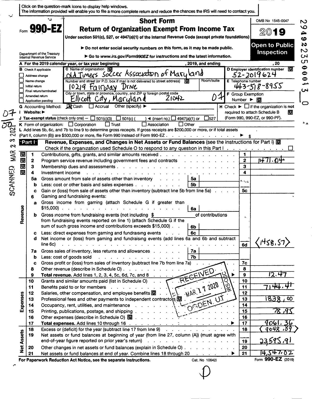 Image of first page of 2019 Form 990EO for Old Timers Soccer Association of Maryland