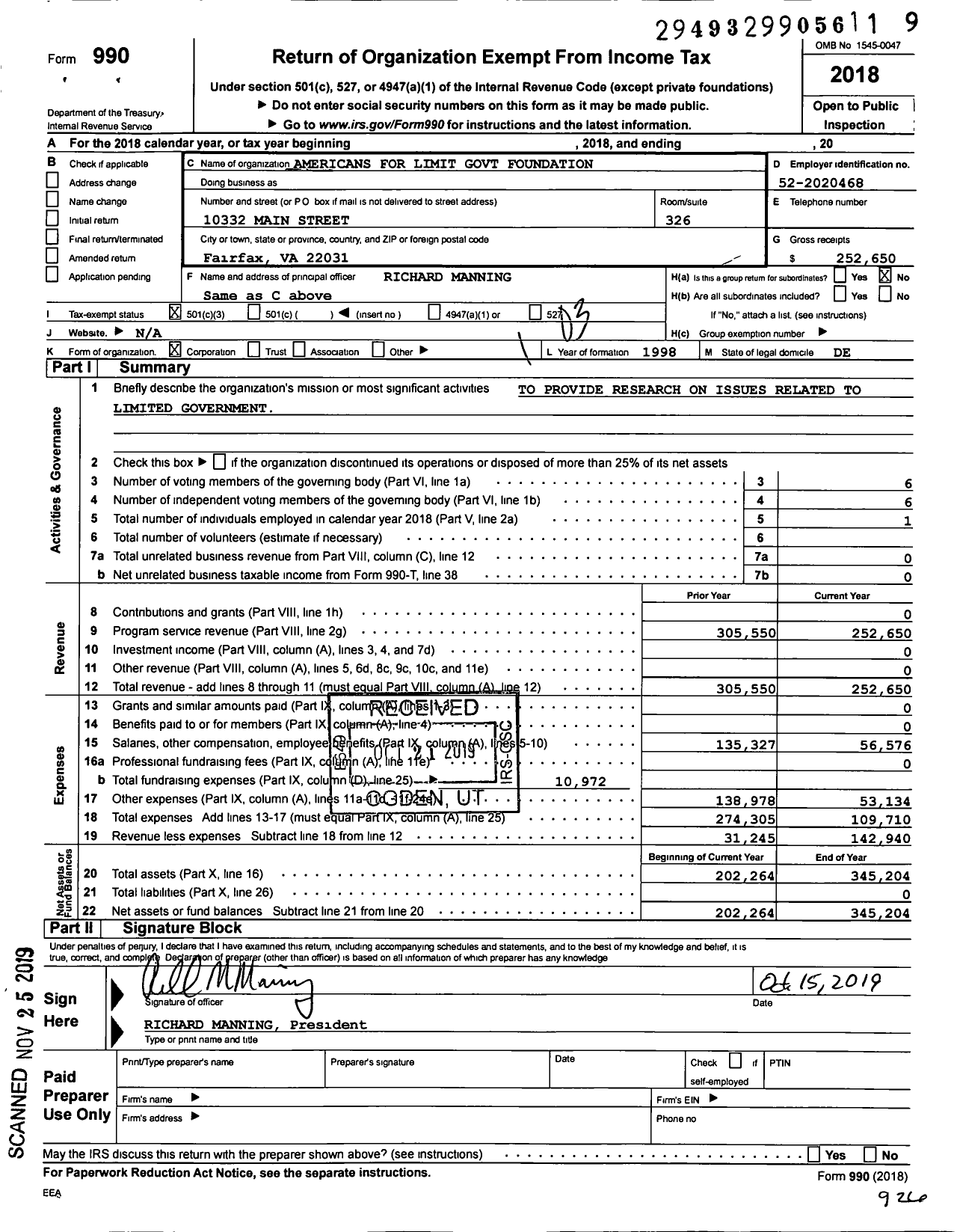 Image of first page of 2018 Form 990 for Americans for Limited Government Foundation