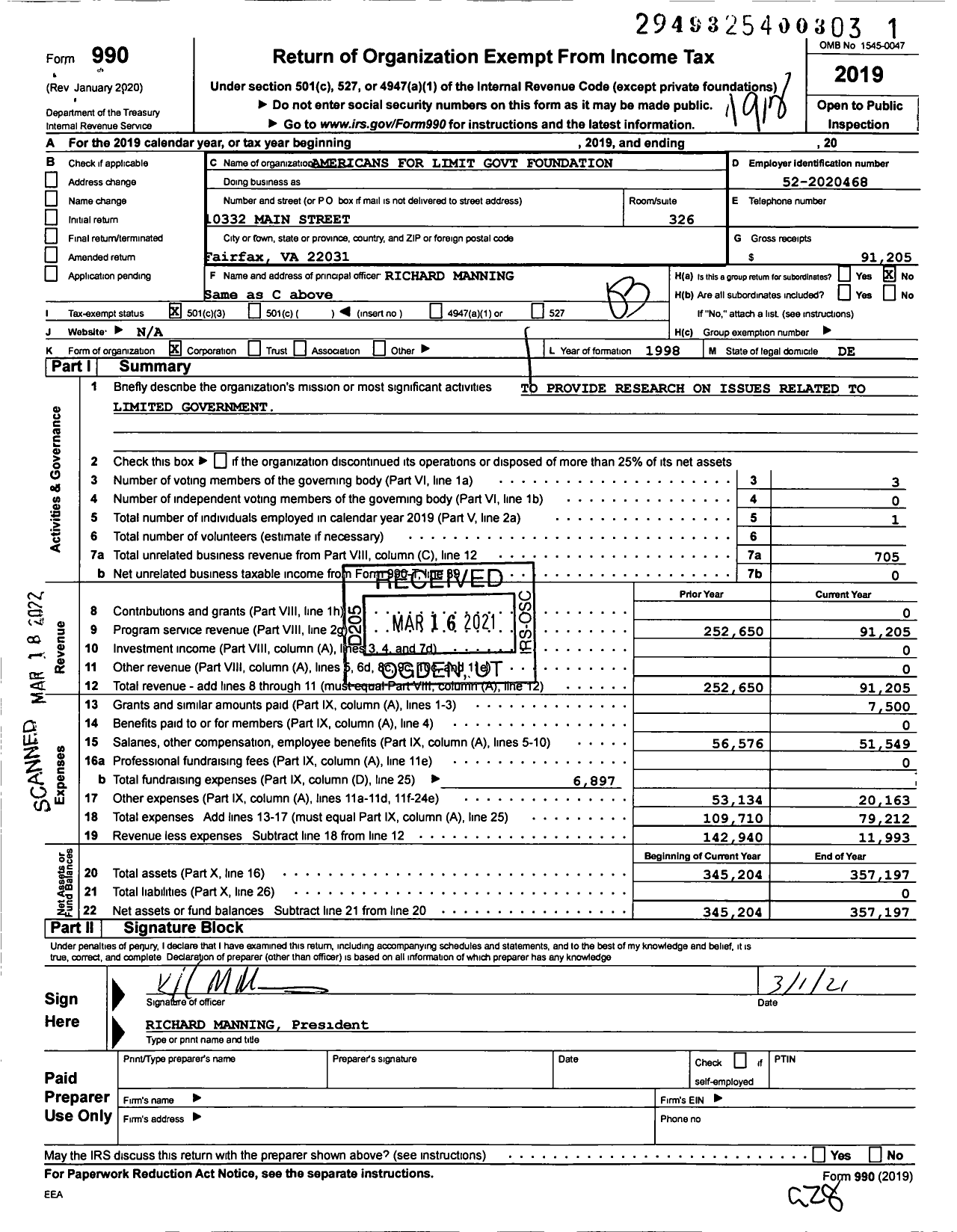 Image of first page of 2019 Form 990 for Americans for Limited Government Foundation