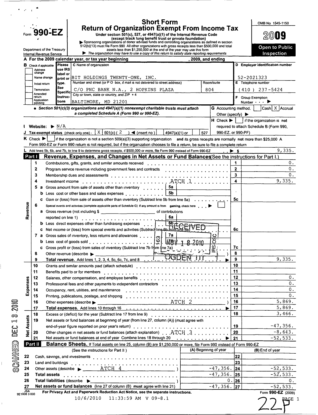 Image of first page of 2009 Form 990EO for Bit Holdings Twenty-One