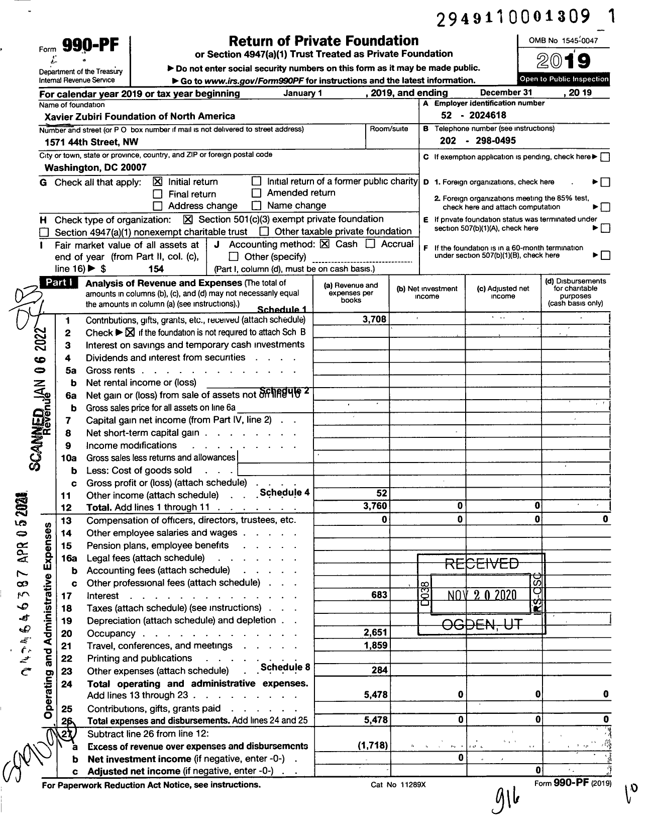 Image of first page of 2019 Form 990PF for Xavier Zubiri Foundation of North America