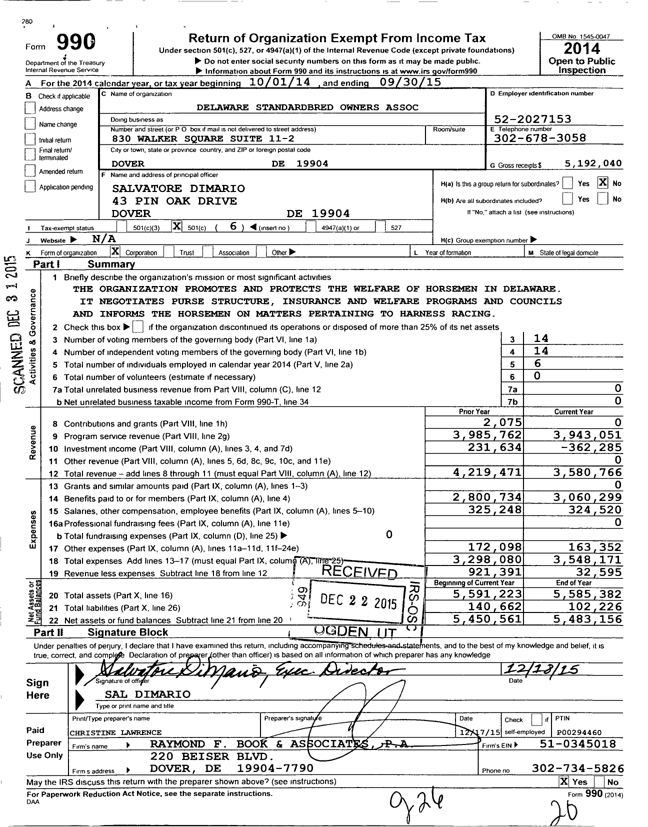 Image of first page of 2014 Form 990O for Delaware Standardbred Owners Association (DSOA)