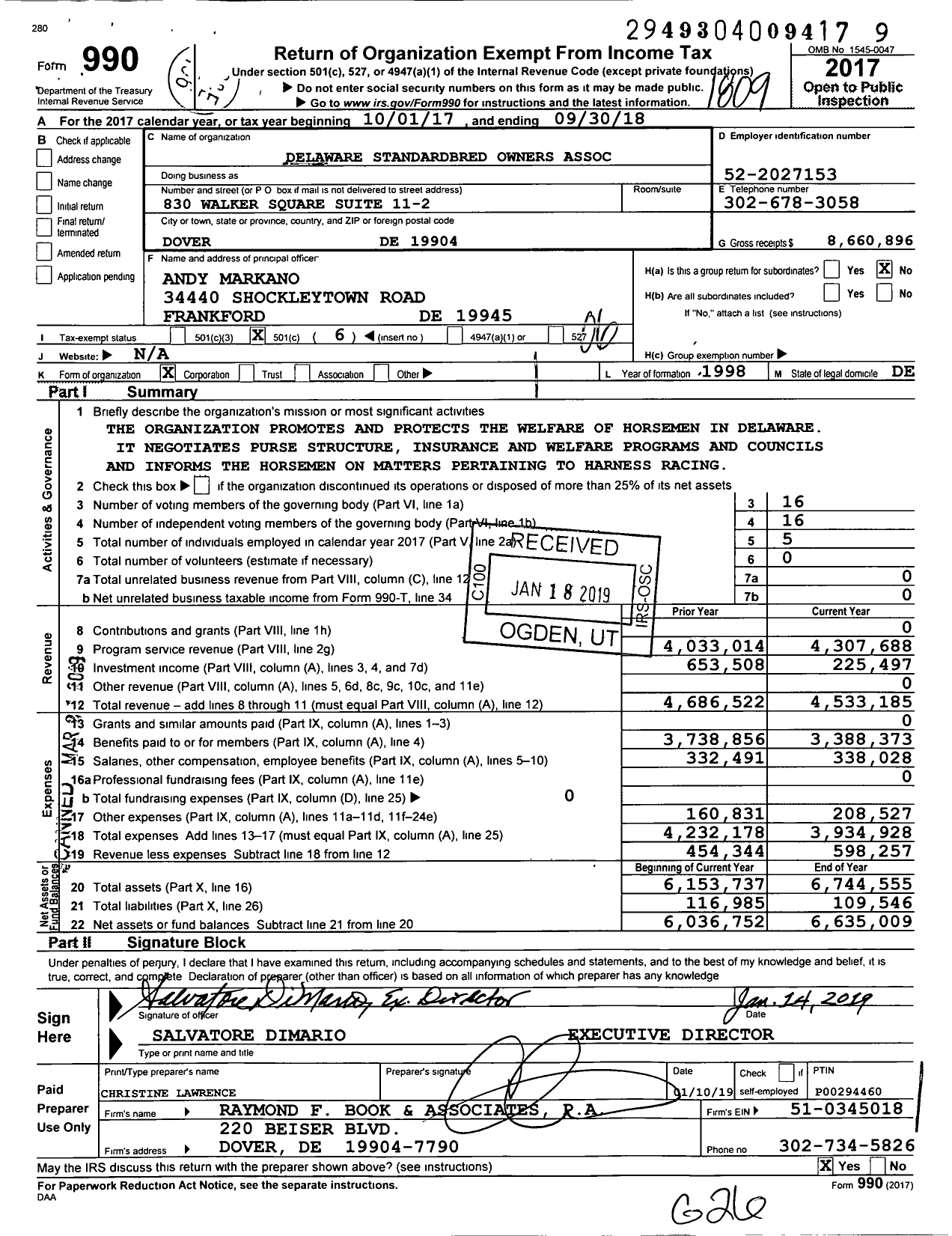 Image of first page of 2017 Form 990O for Delaware Standardbred Owners Association (DSOA)
