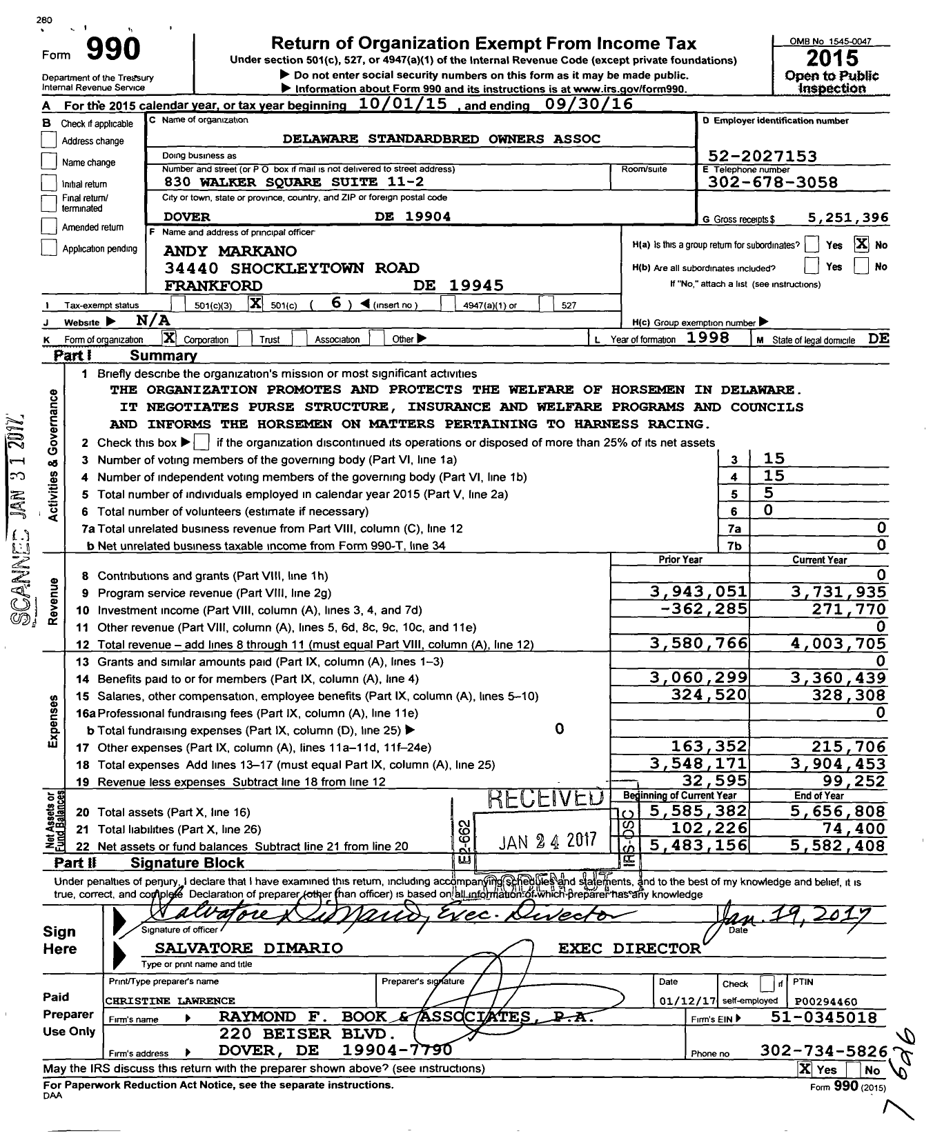 Image of first page of 2015 Form 990O for Delaware Standardbred Owners Association (DSOA)