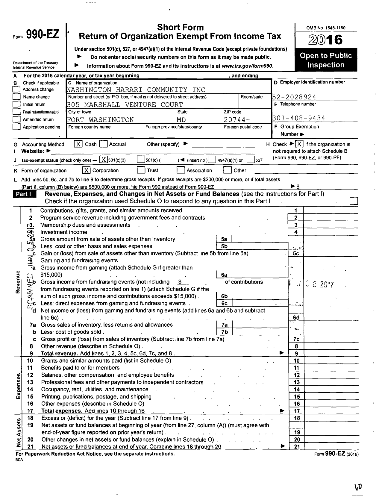 Image of first page of 2016 Form 990EZ for Harari American Community