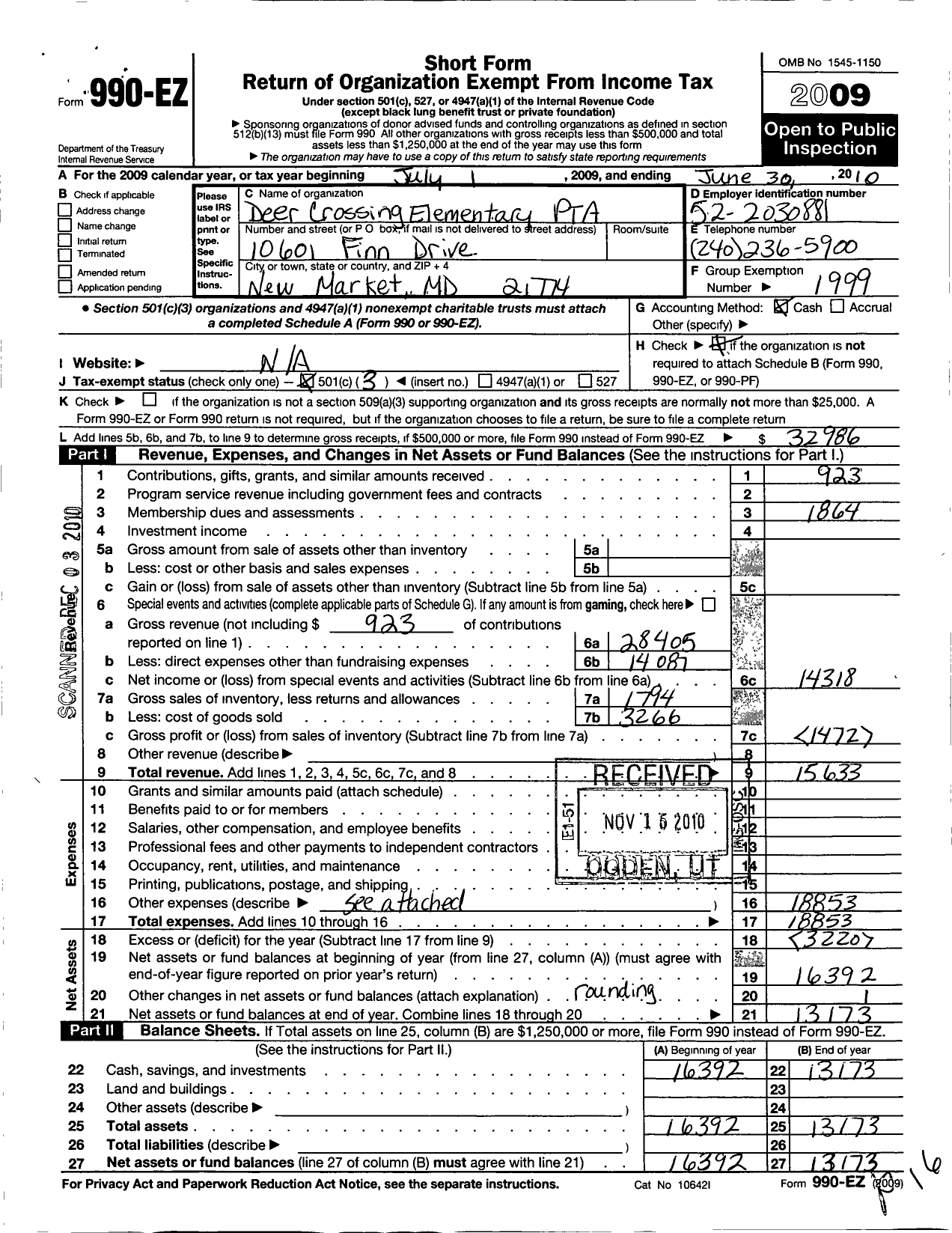 Image of first page of 2009 Form 990EZ for PTA Delaware Congress / Deer Crossing Elementary School PTA