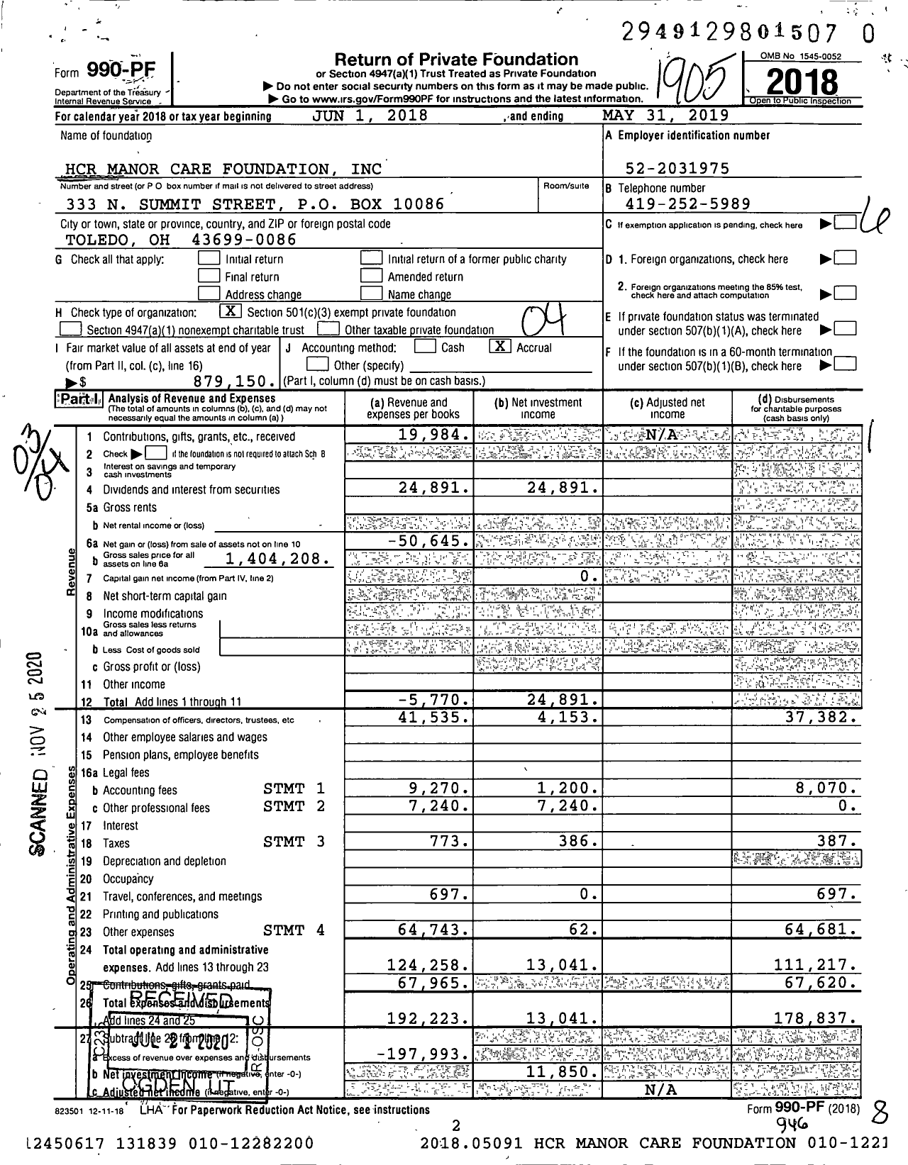 Image of first page of 2018 Form 990PF for HCR Manor Care Foundation