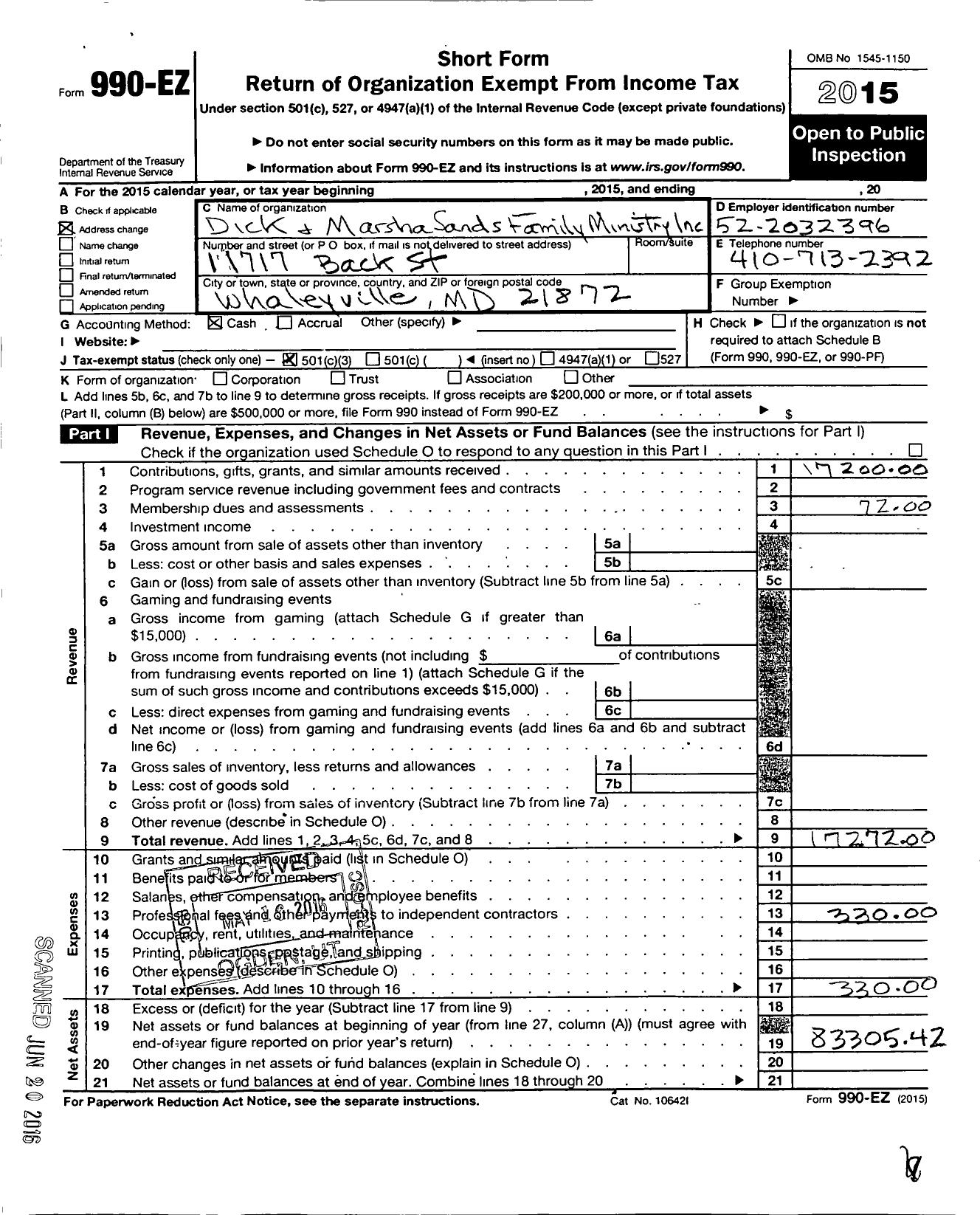 Image of first page of 2015 Form 990EZ for Dick and Marsha Sands Family Ministry