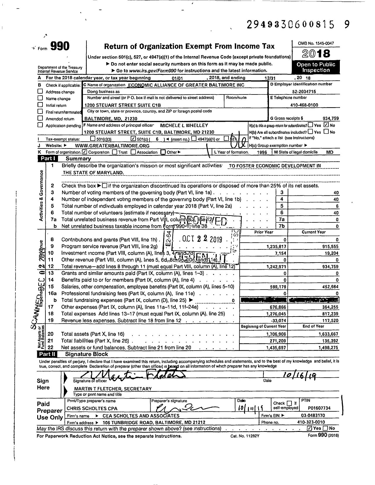 Image of first page of 2018 Form 990O for Economic Alliance of Greater Baltimore