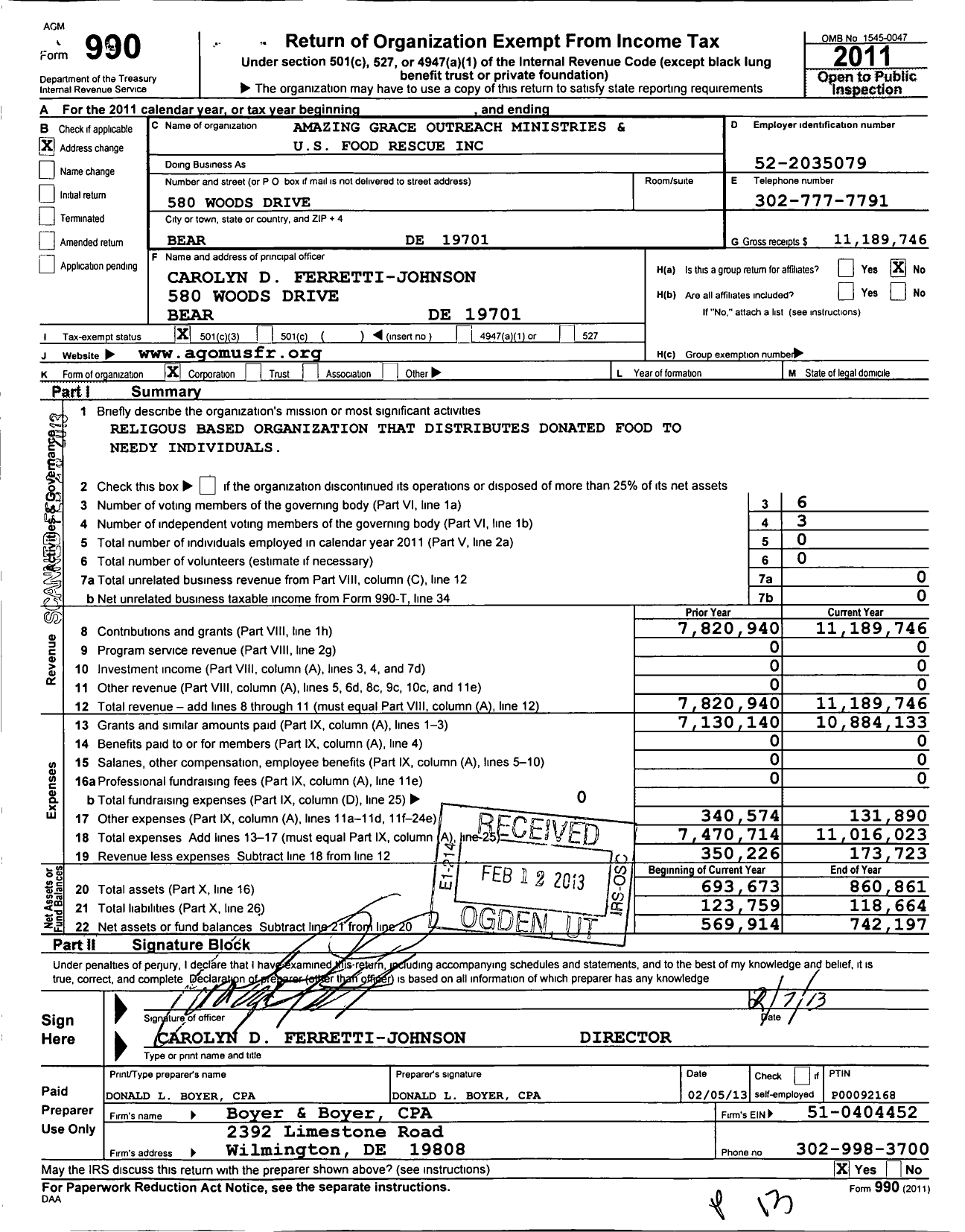 Image of first page of 2011 Form 990 for Amazing Grace Outreach Ministries and Us Food Rescue