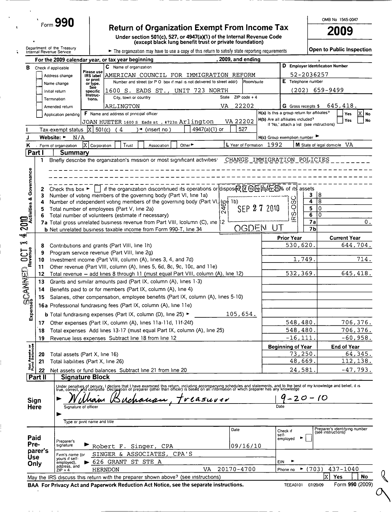 Image of first page of 2009 Form 990O for American Council for Immigration Reform - Ancir