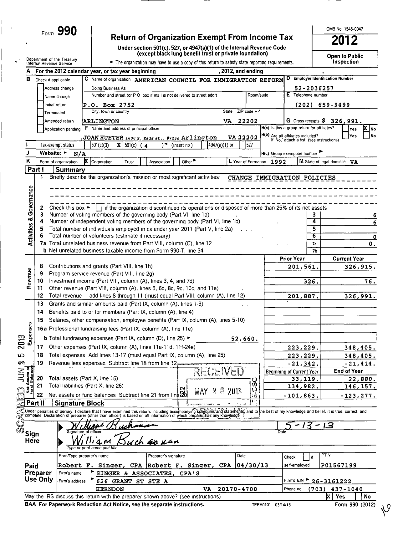 Image of first page of 2012 Form 990O for American Council for Immigration Reform - Ancir