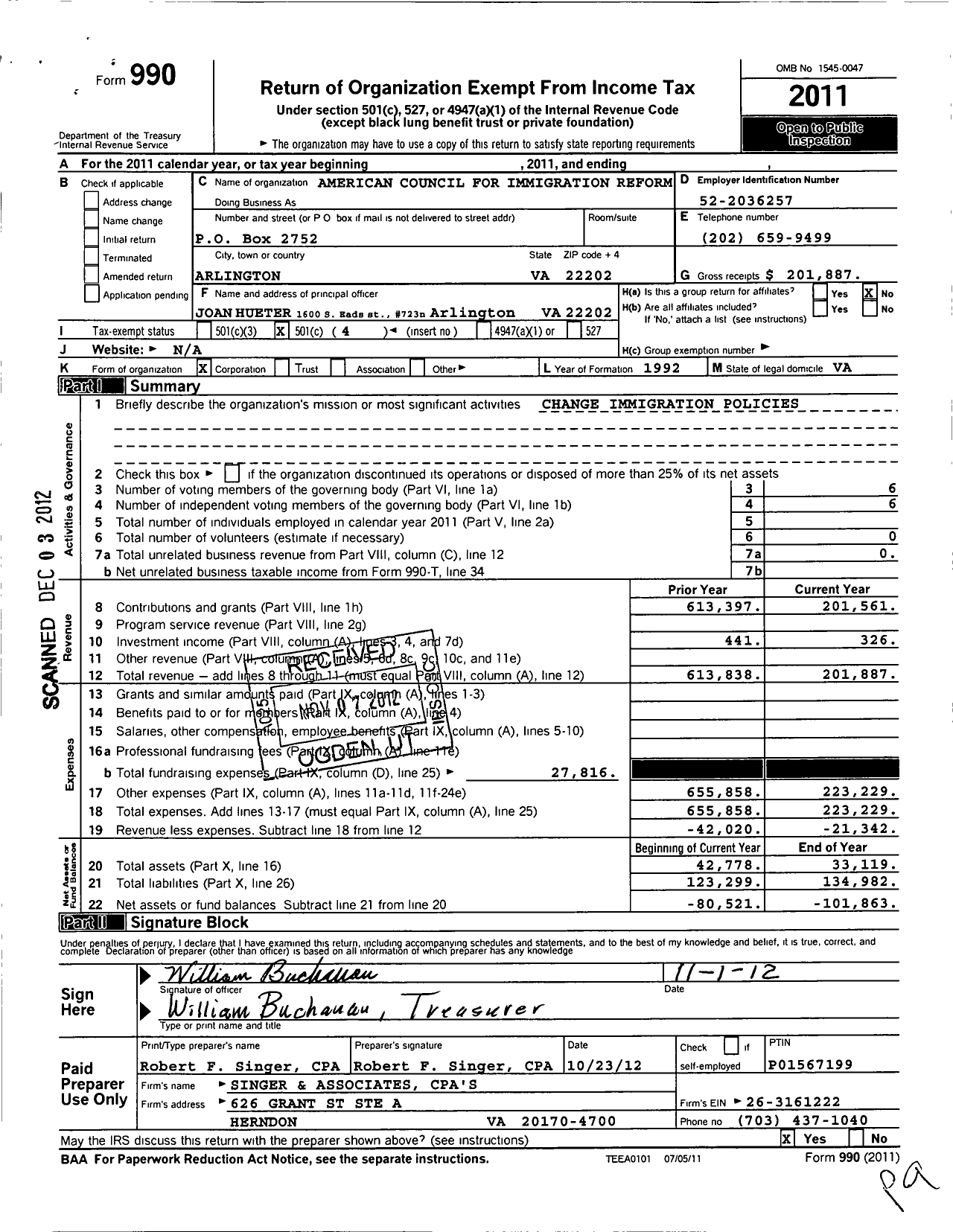 Image of first page of 2011 Form 990O for American Council for Immigration Reform - Ancir