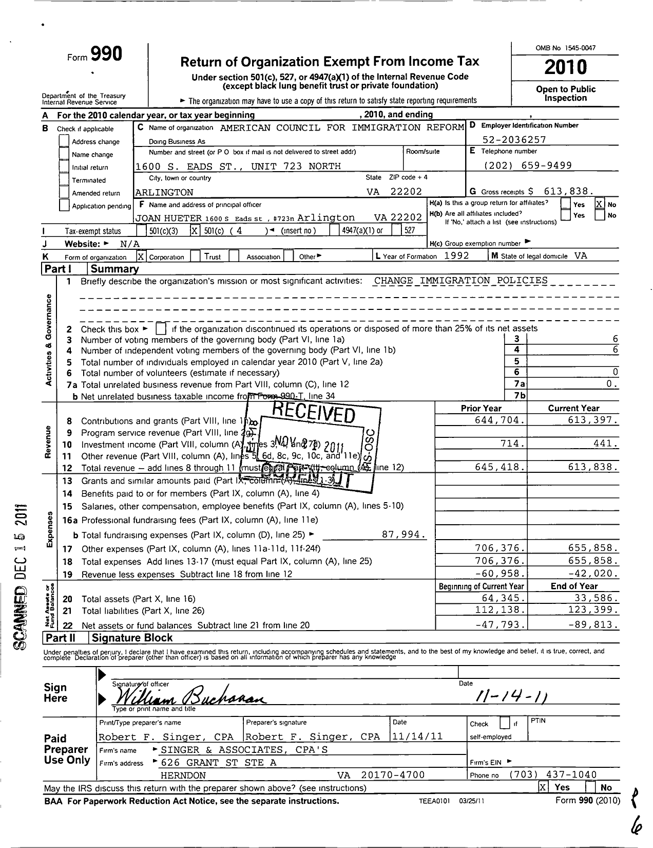 Image of first page of 2010 Form 990O for American Council for Immigration Reform - Ancir