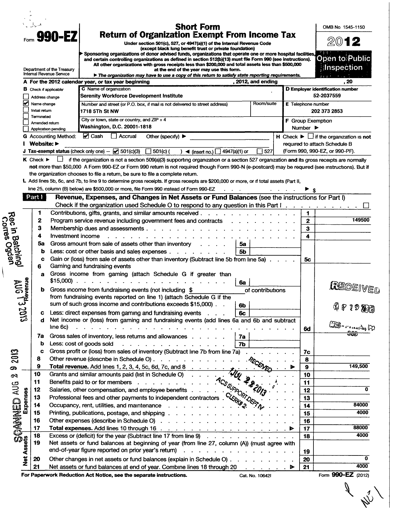 Image of first page of 2012 Form 990EZ for Serenity Workforce Development Institiute