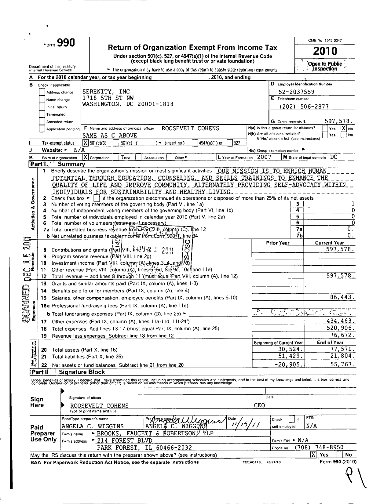 Image of first page of 2010 Form 990 for Serenity Workforce Development Institiute