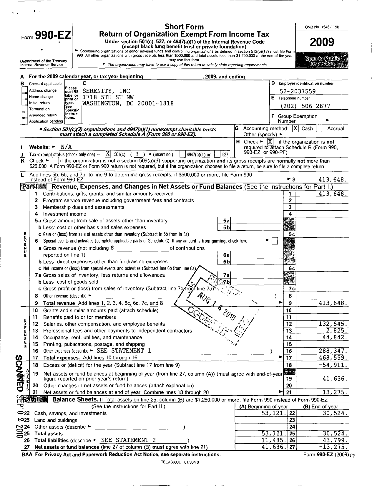 Image of first page of 2009 Form 990EZ for Serenity Workforce Development Institiute