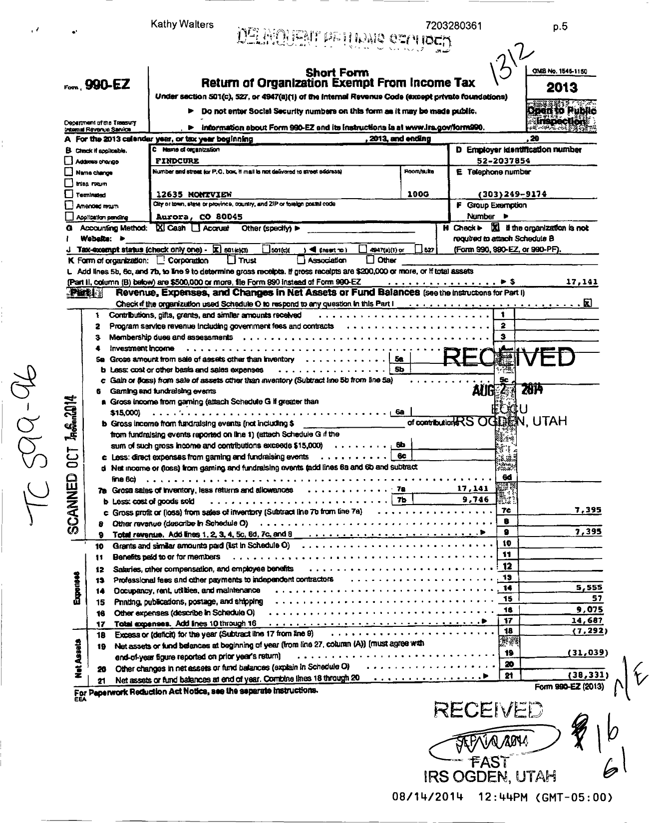 Image of first page of 2013 Form 990EZ for Findcure Org