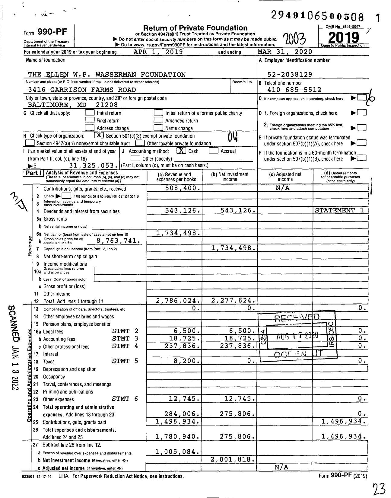 Image of first page of 2019 Form 990PF for The Ellen WP Wasserman Foundation