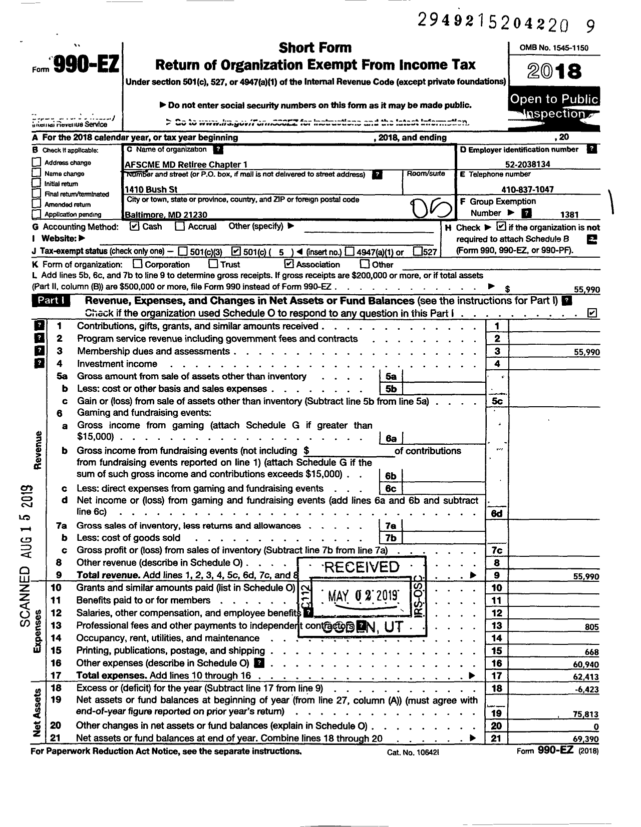 Image of first page of 2018 Form 990EO for American Federation of State County & Municipal Employees - R0001MD Maryland Pub Emp Ret Chap 1